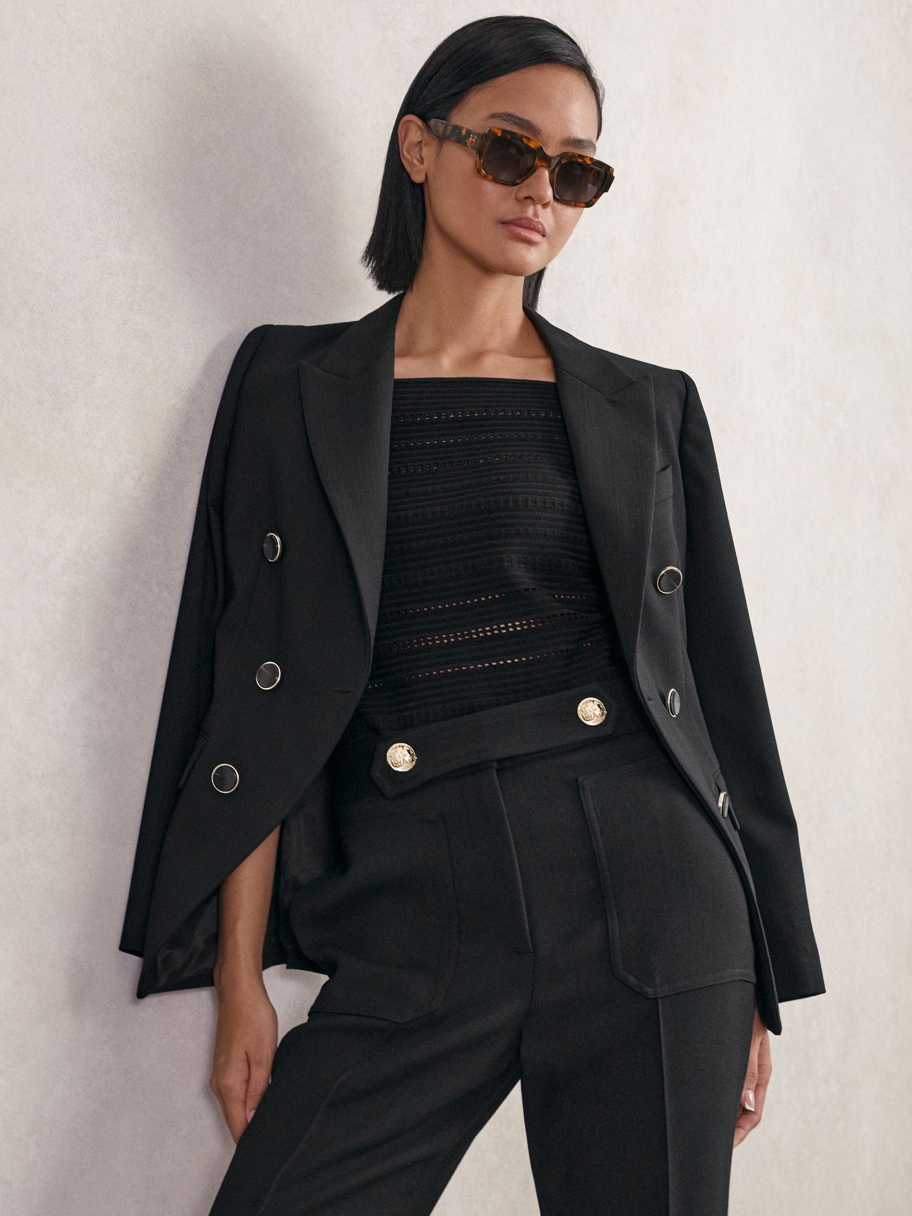 Petite Wool-Blend Double-Breasted Blazer in Black