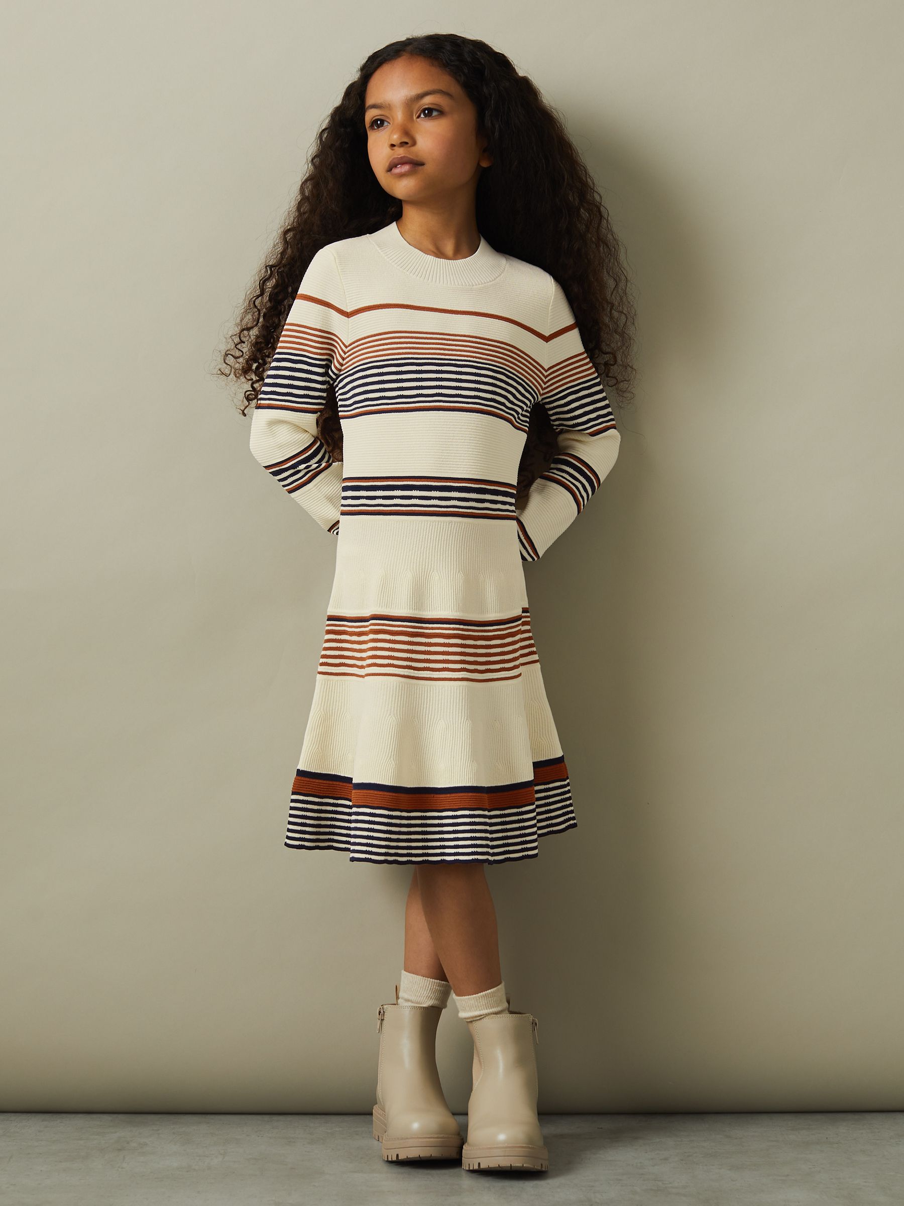 4-9 yrs Knitted Striped Skater Dress in Camel