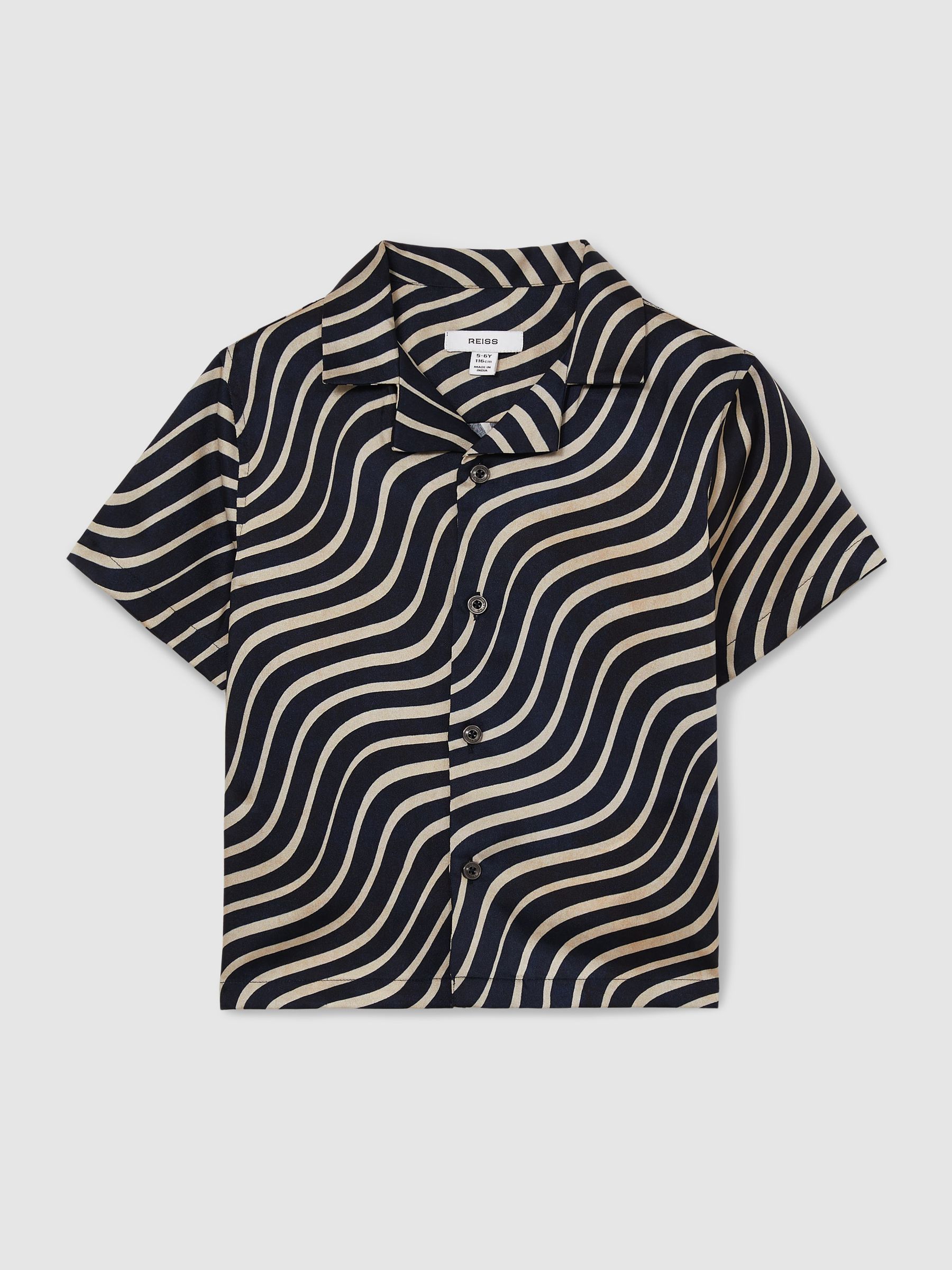 3-9 yrs Wave-Print Cuban-Collar Shirt in Navy/Off White