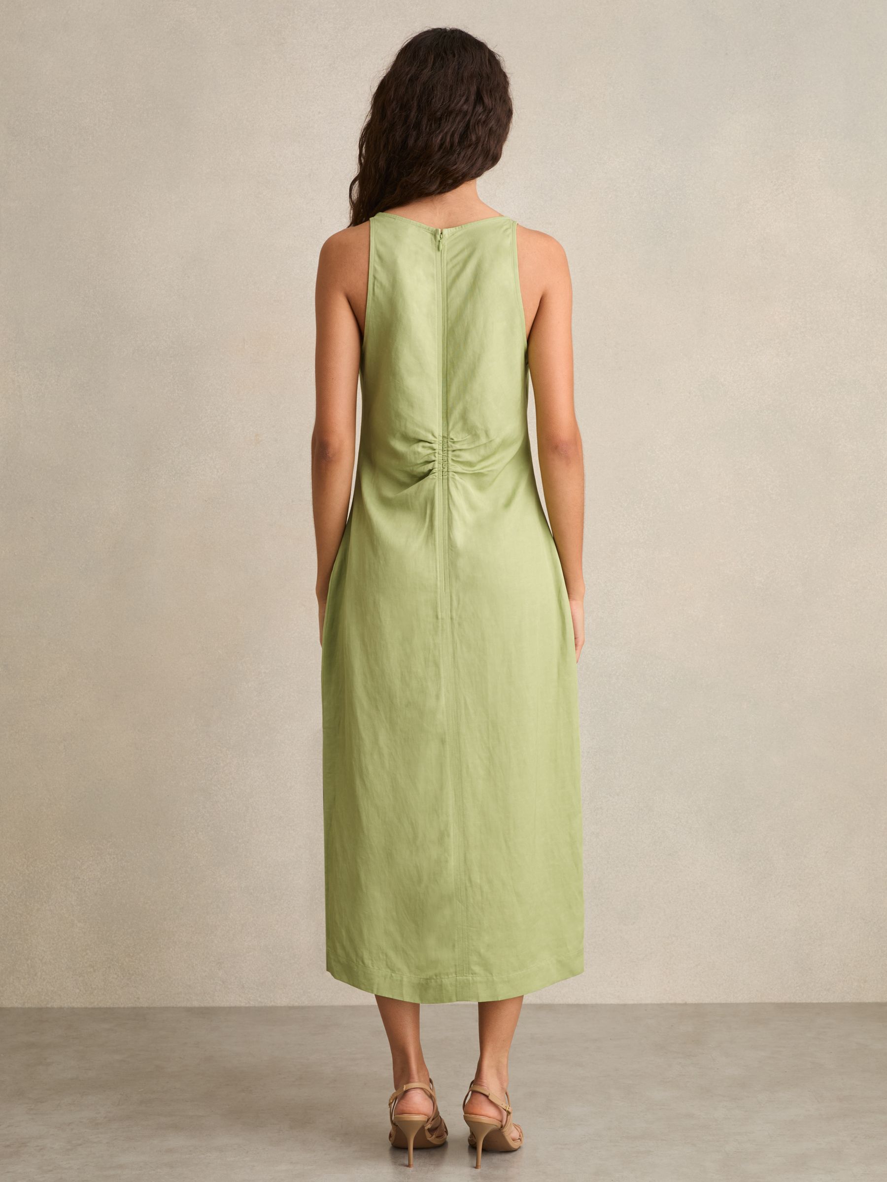 Petite Ruched Sleeveless Midi Dress With Linen in Green