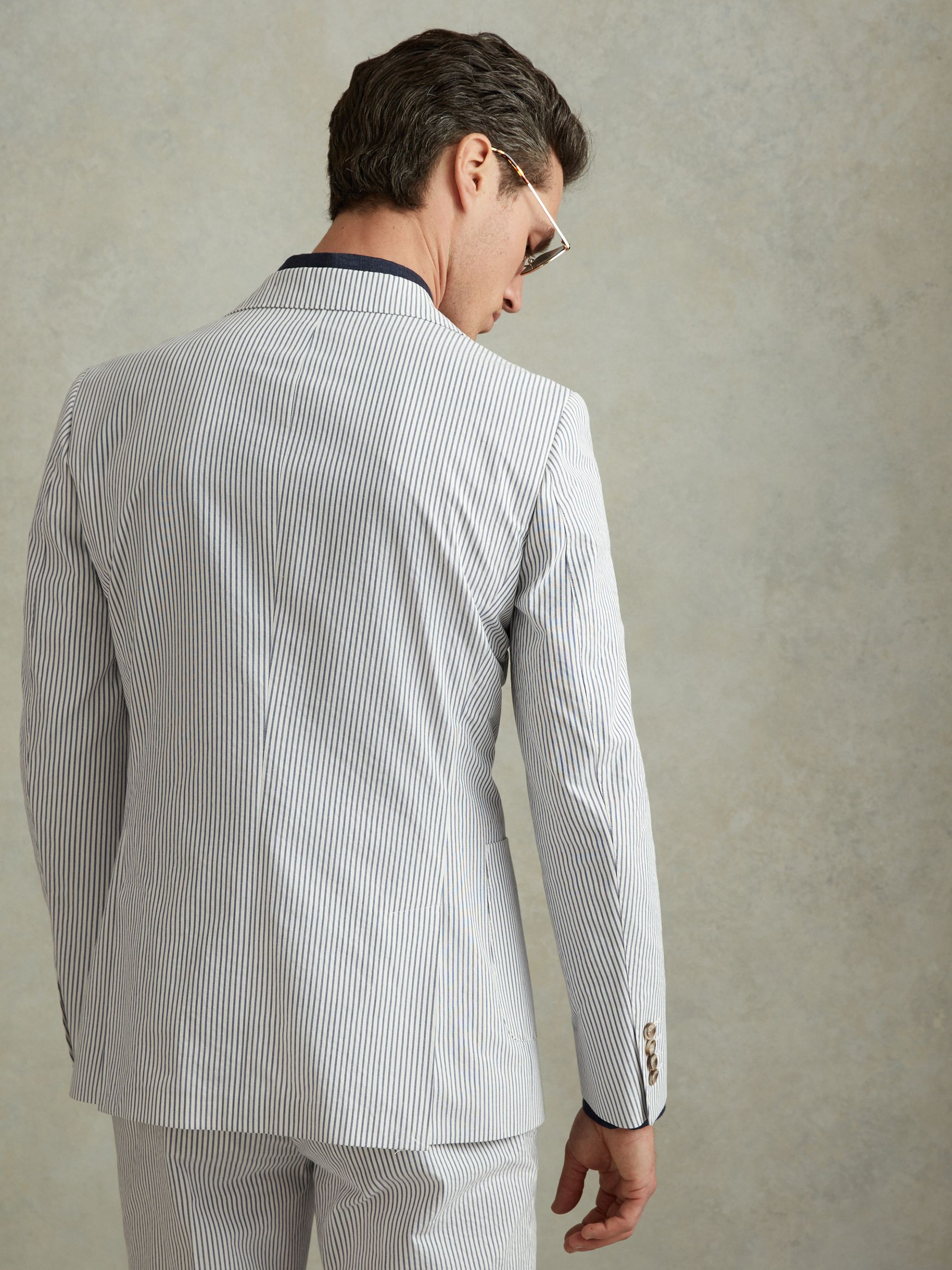 Barr Soft Blue/White Cotton Seersucker Single Breasted Slim Fit Blazer