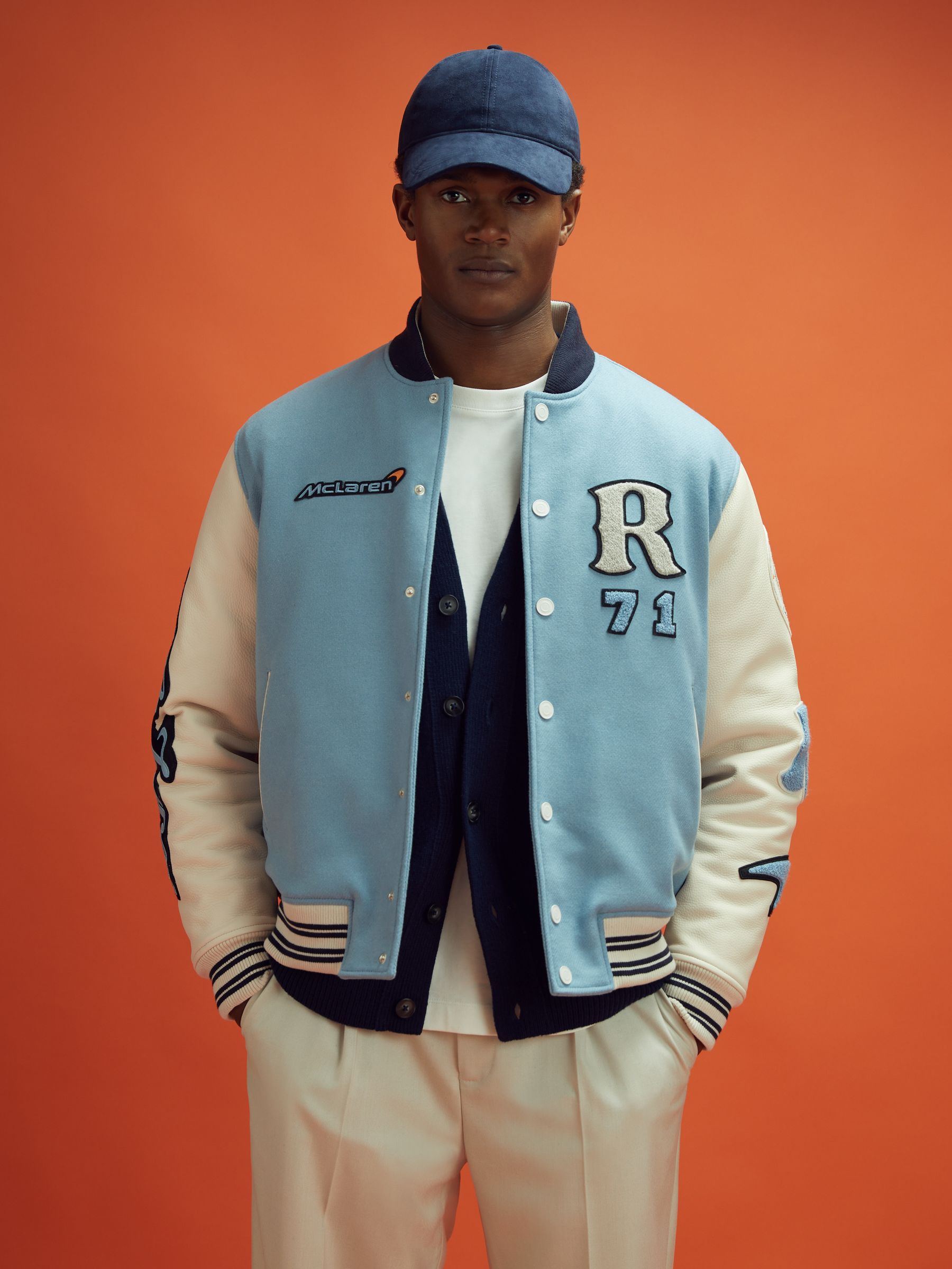 Leather Varsity Jacket in Soft Blue/Ecru