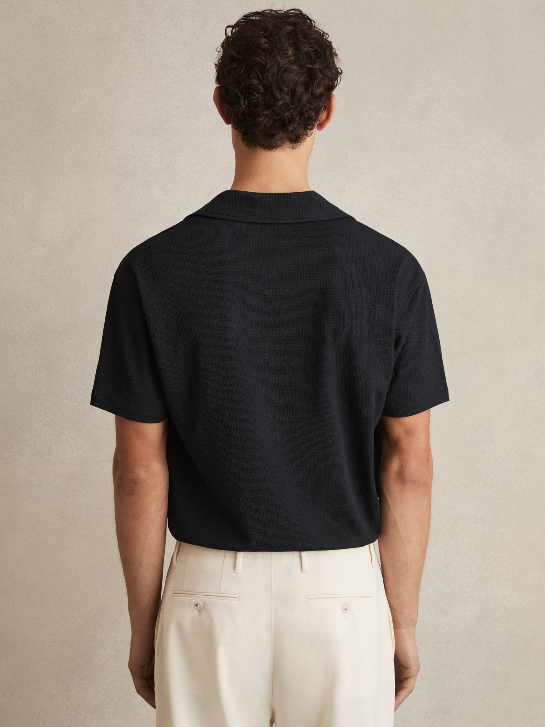 Textured Crepe Cuban Collar Shirt in Navy