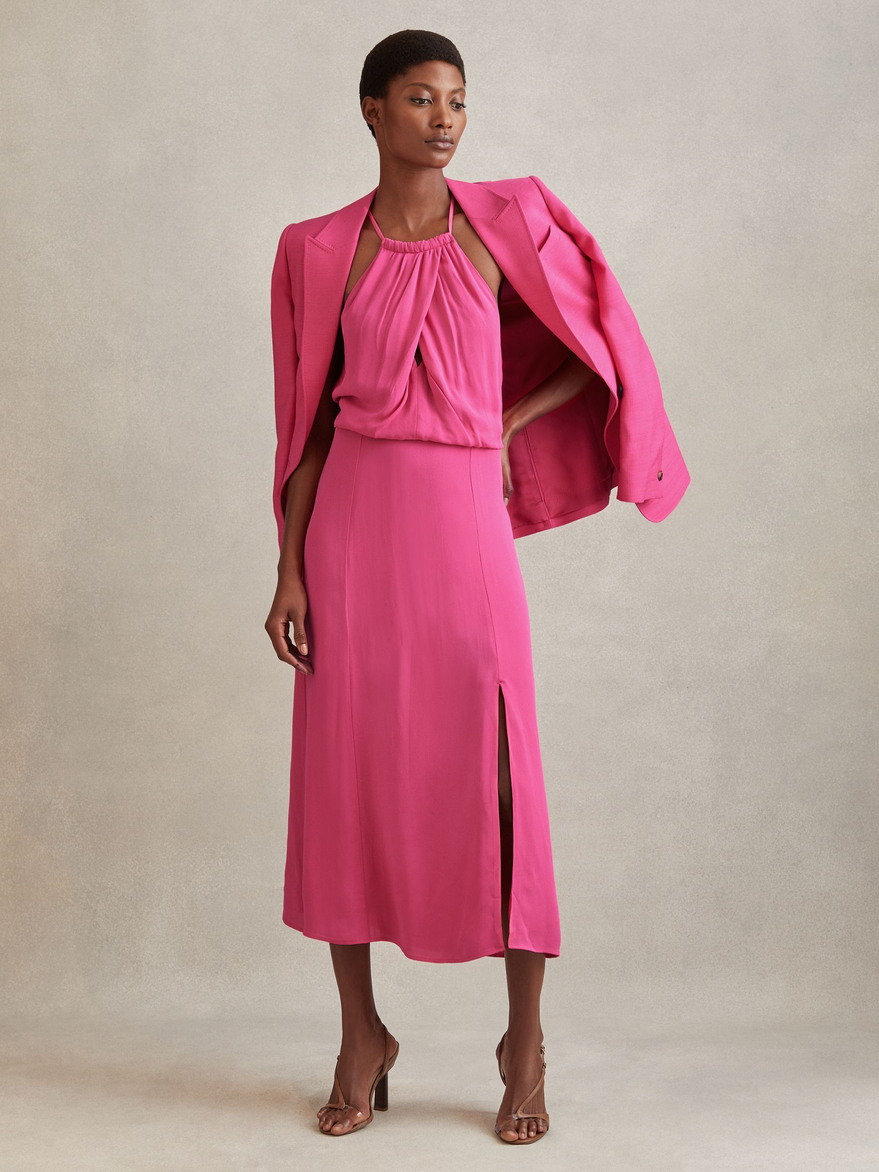Drape Front Midi Dress in Pink