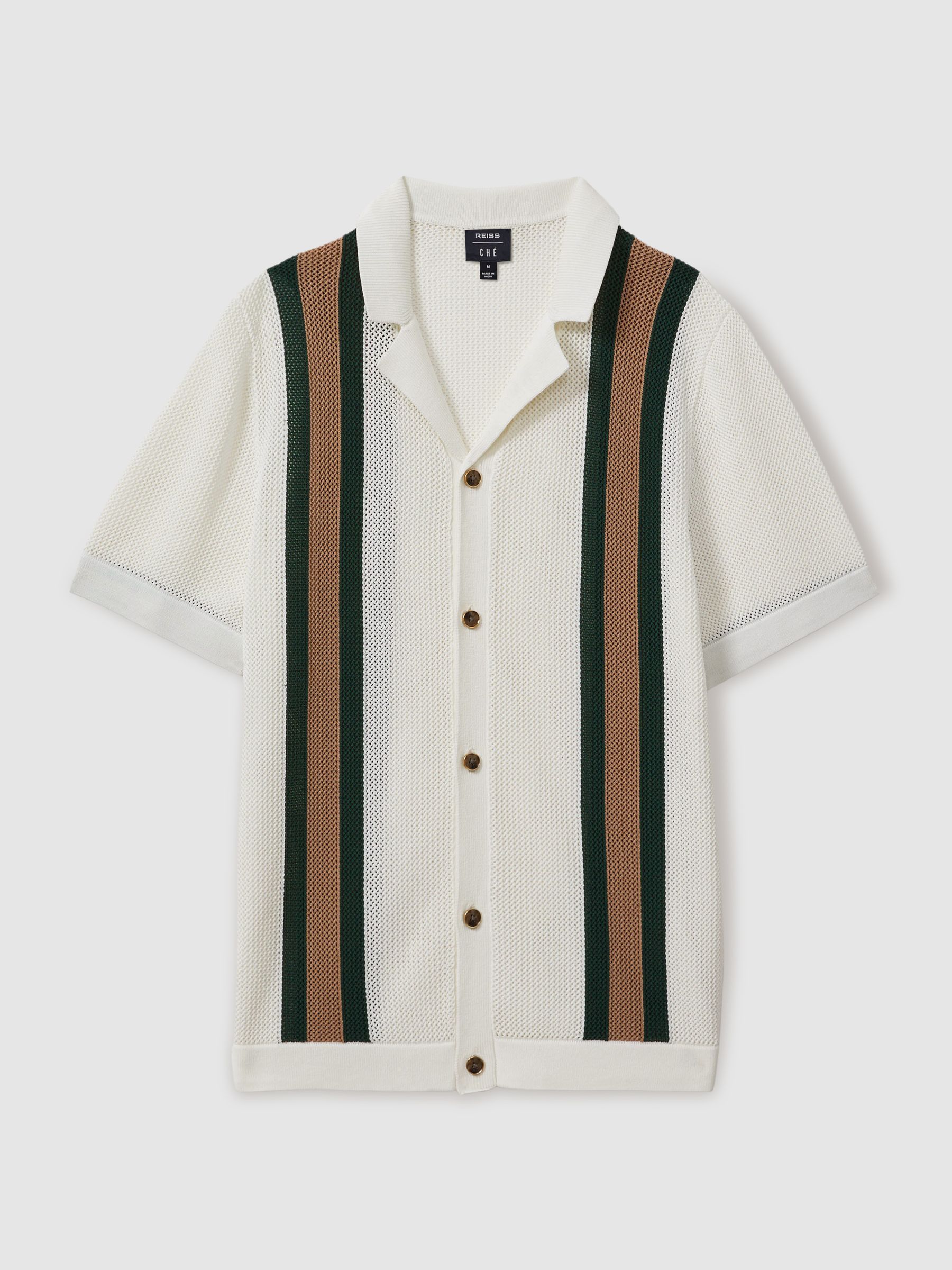 Reiss | Ché Knitted Contrast Stripe Cuban Collar Shirt in White/Dark Green
