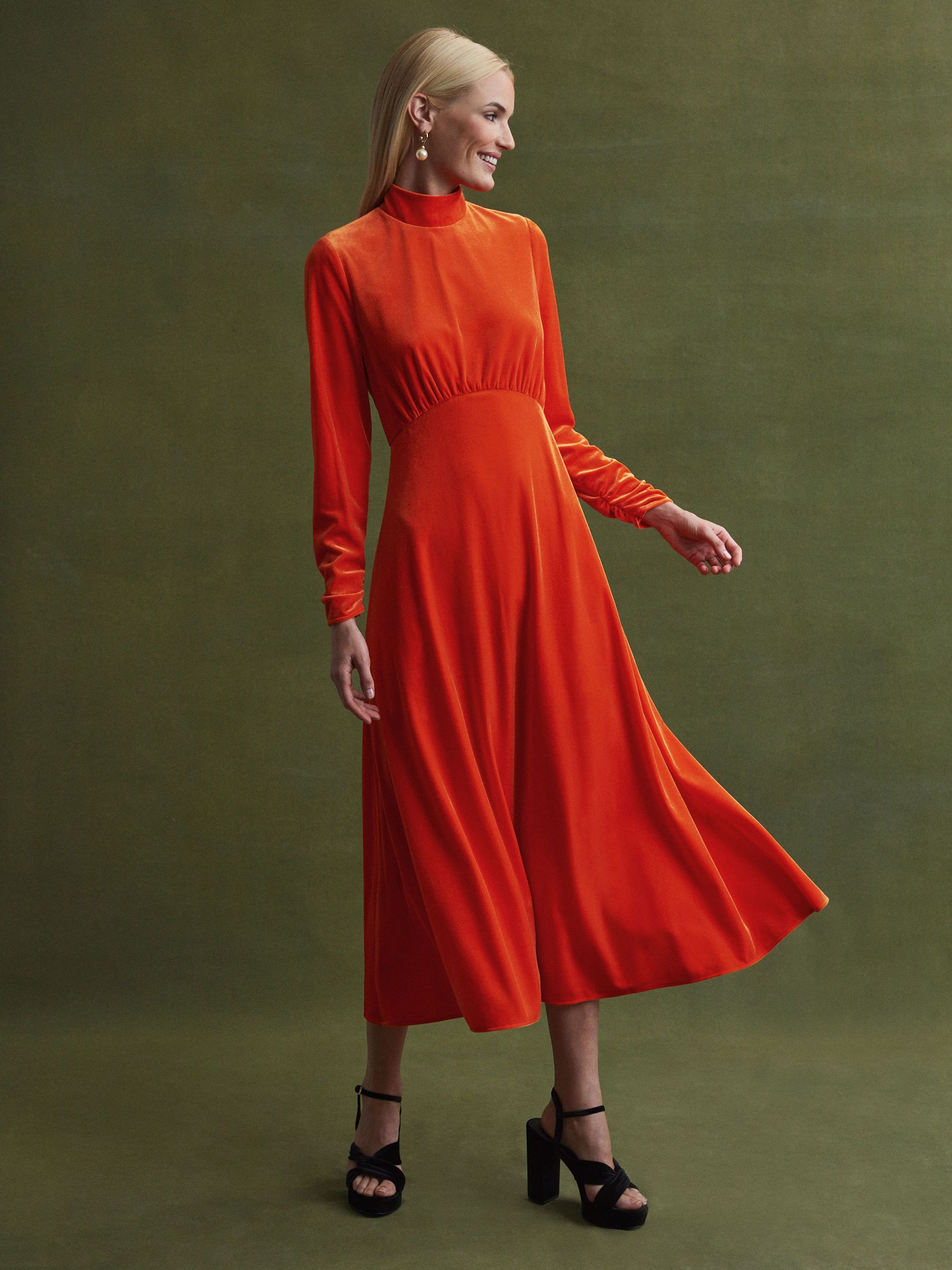 Florere Velvet Midi Dress in Bright Orange