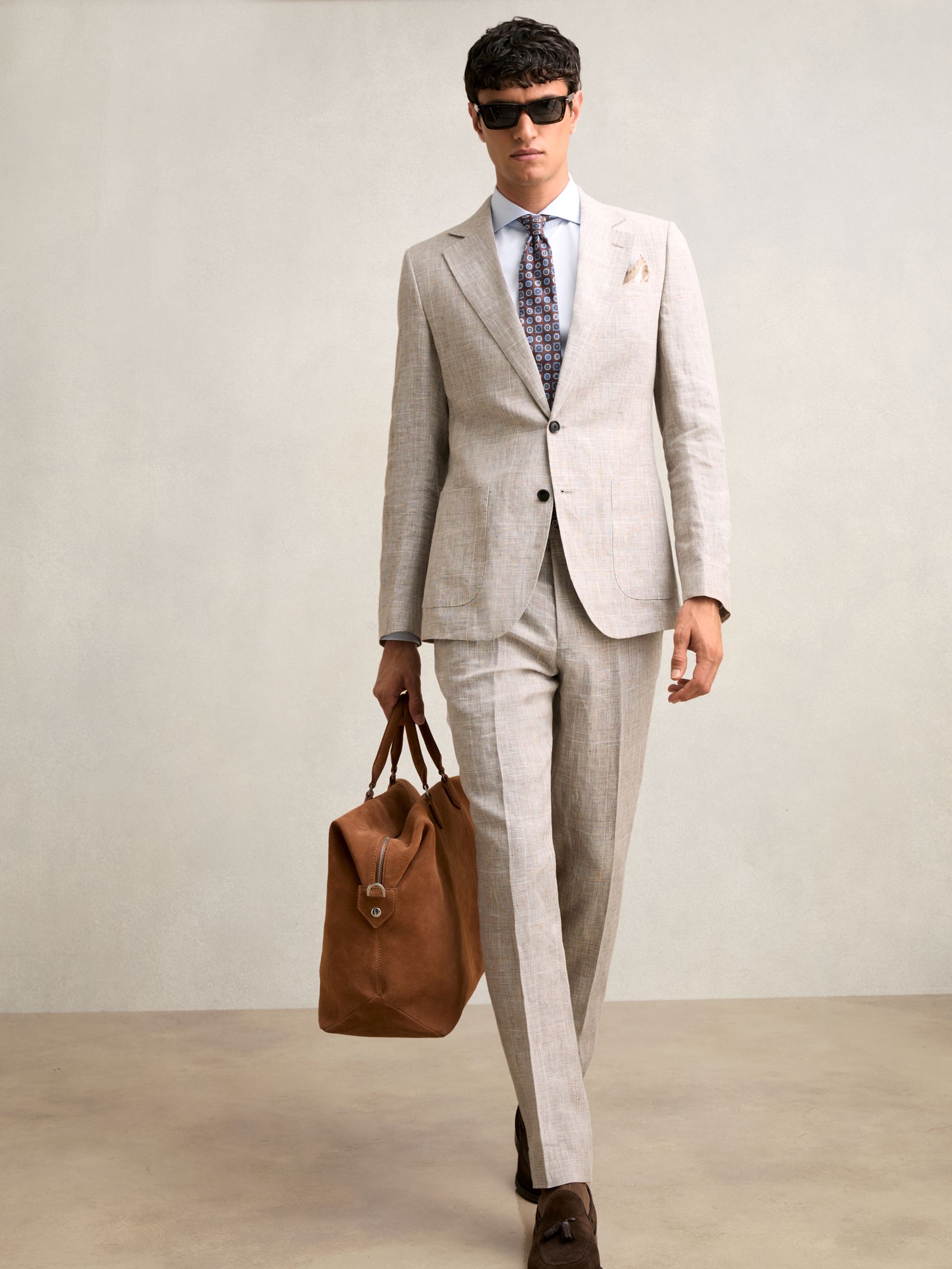 Slim Fit Linen Single Breasted Check Suit Blazer in Oatmeal