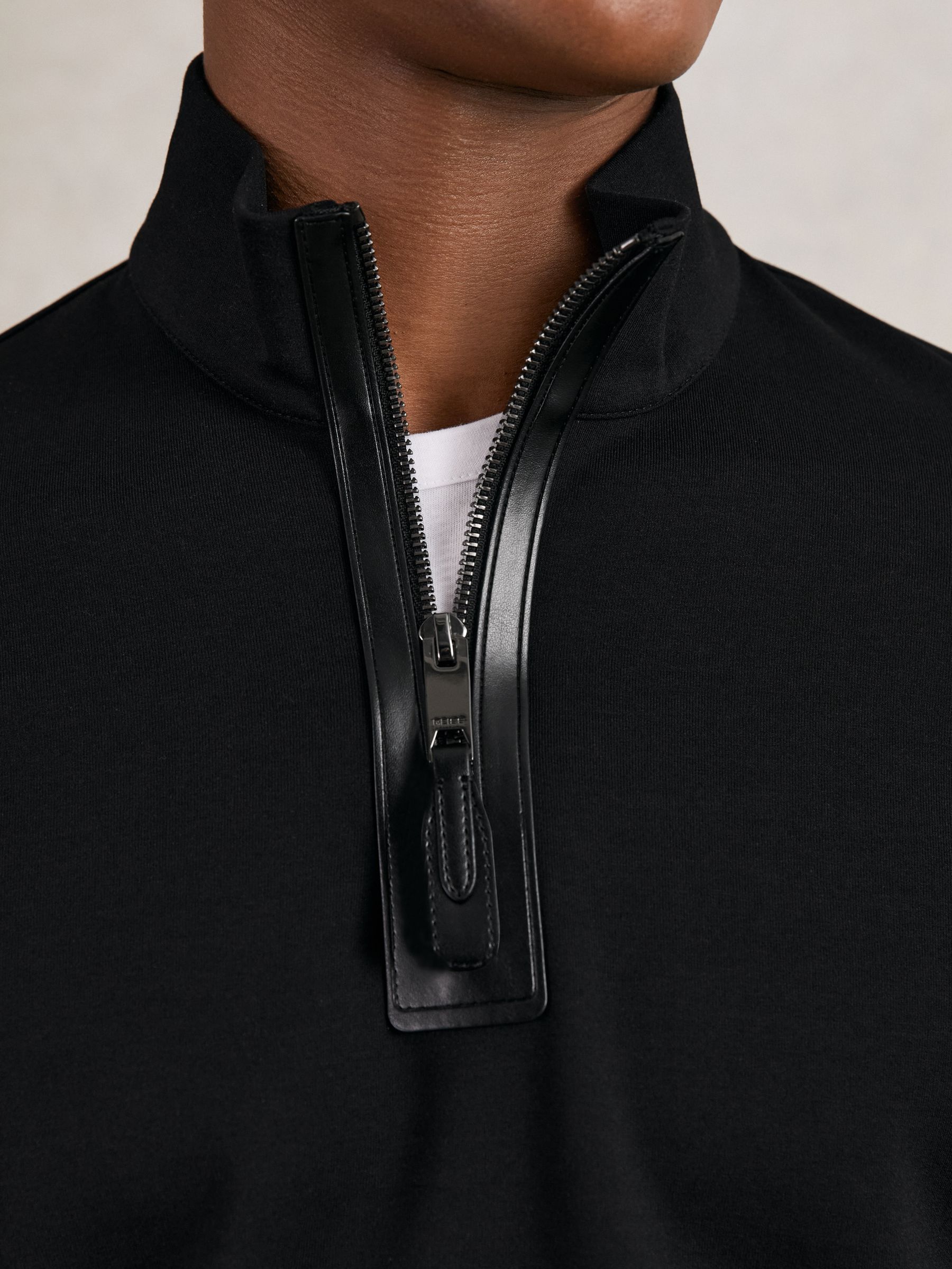 Leather-Placket Interlock Sweatshirt in Black