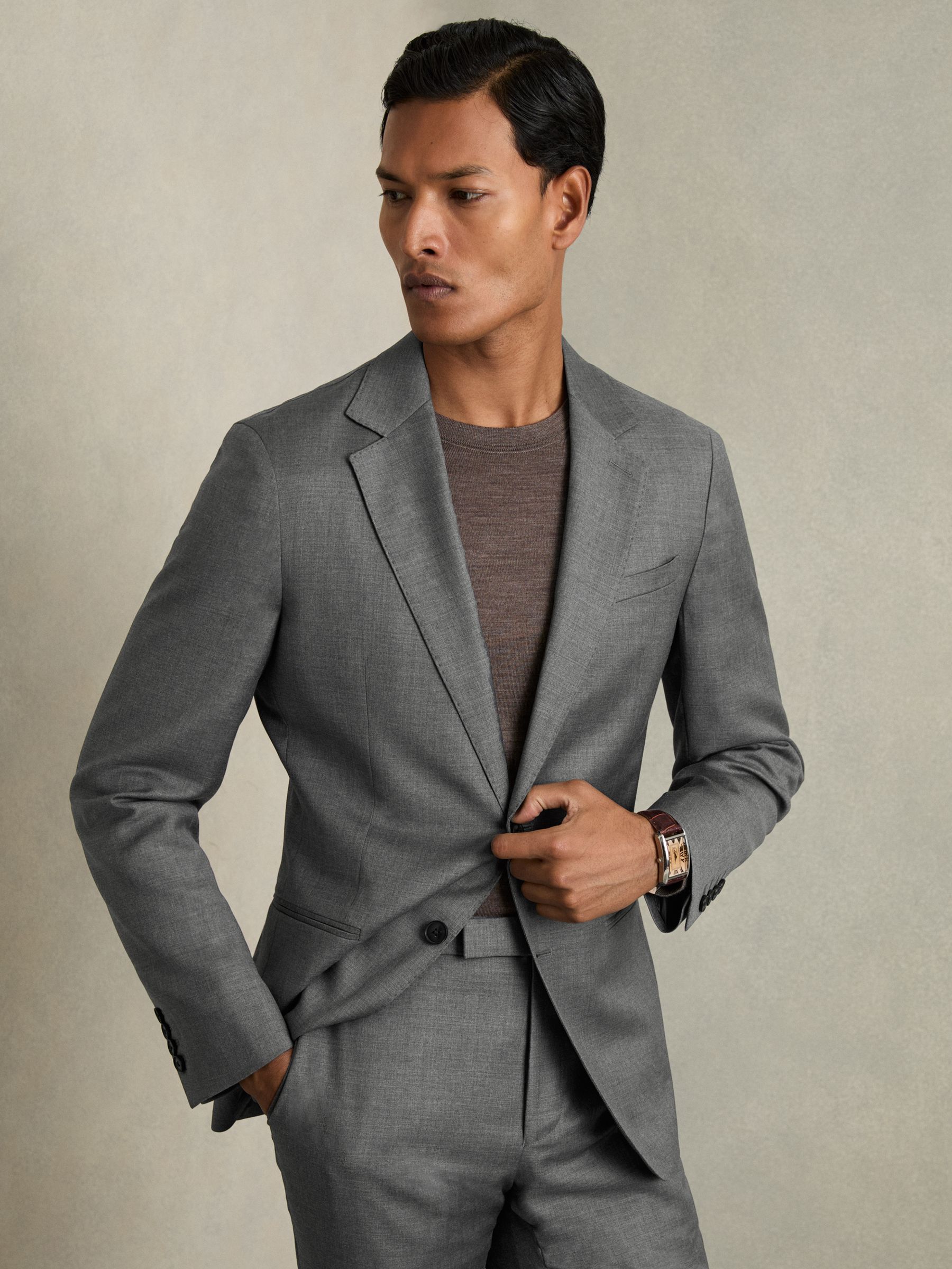 Slim-Fit Single Breasted Wool Suit Jacket in Grey