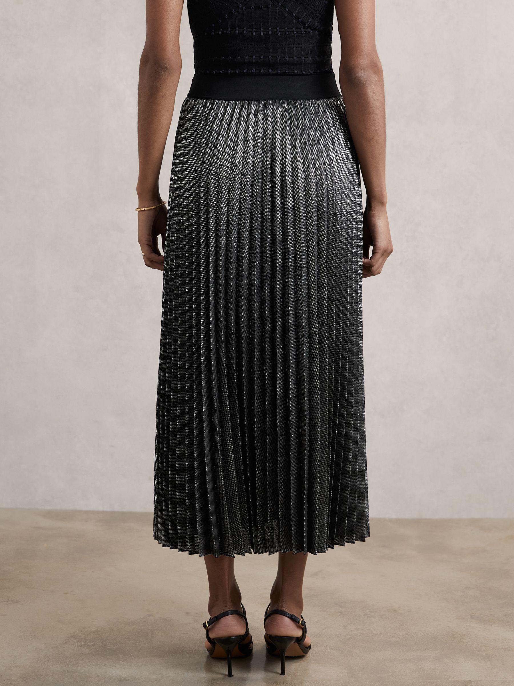 Metallic Pleated Midi Skirt in Charcoal Grey