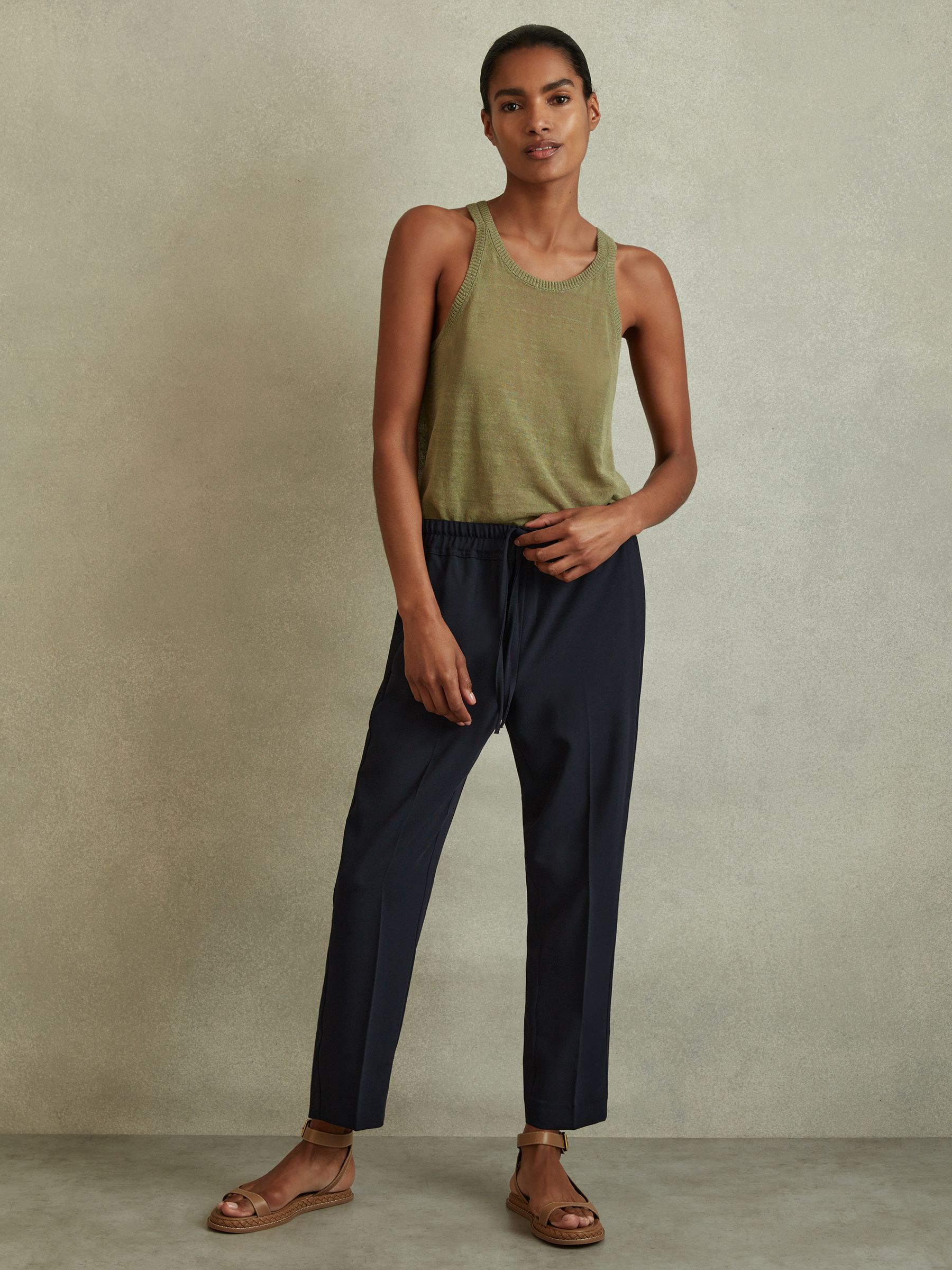 Petite Tapered Pull On Trousers in Navy