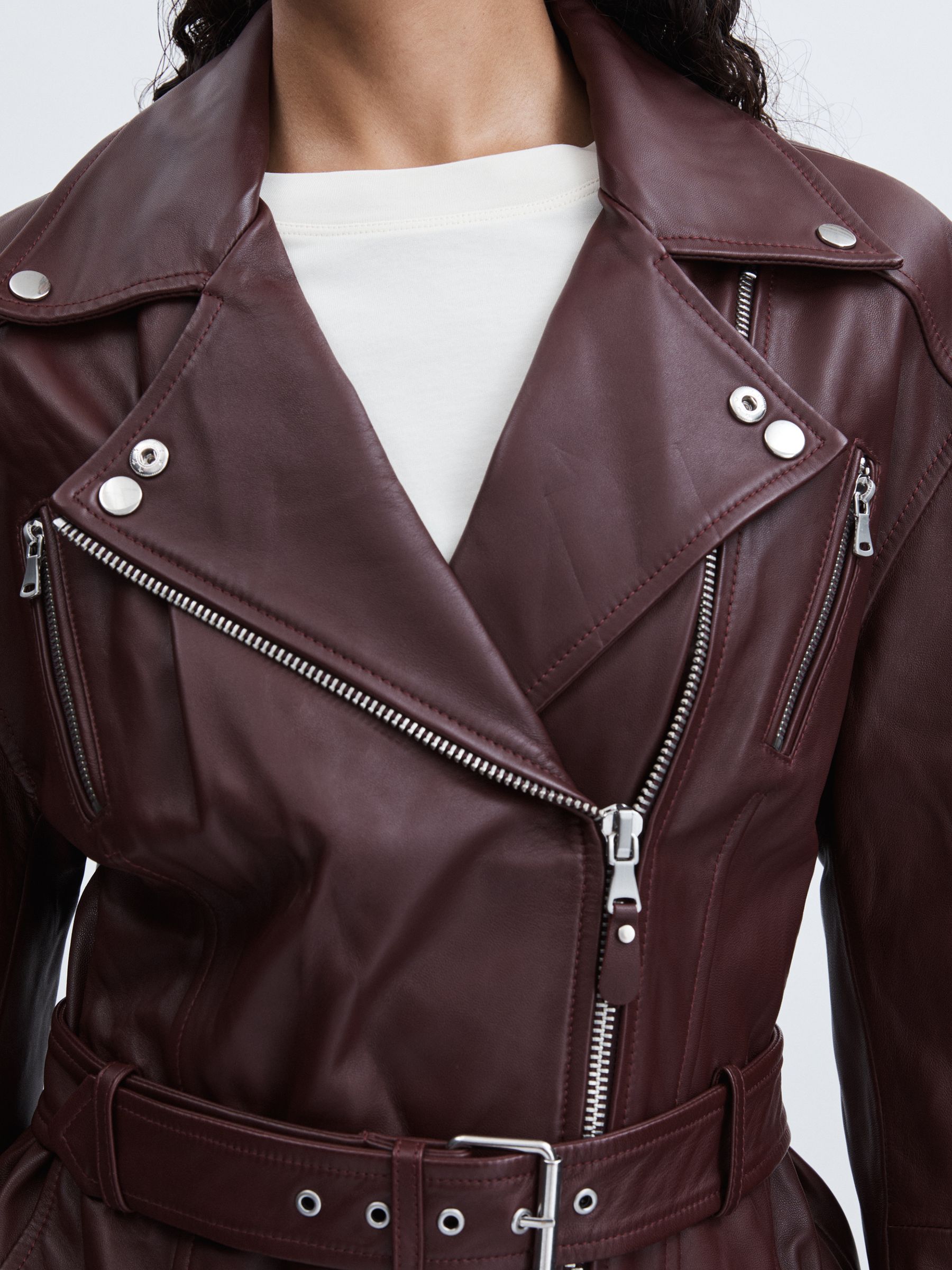 Paige Leather Belted Moto Jacket in Dark Oxblood