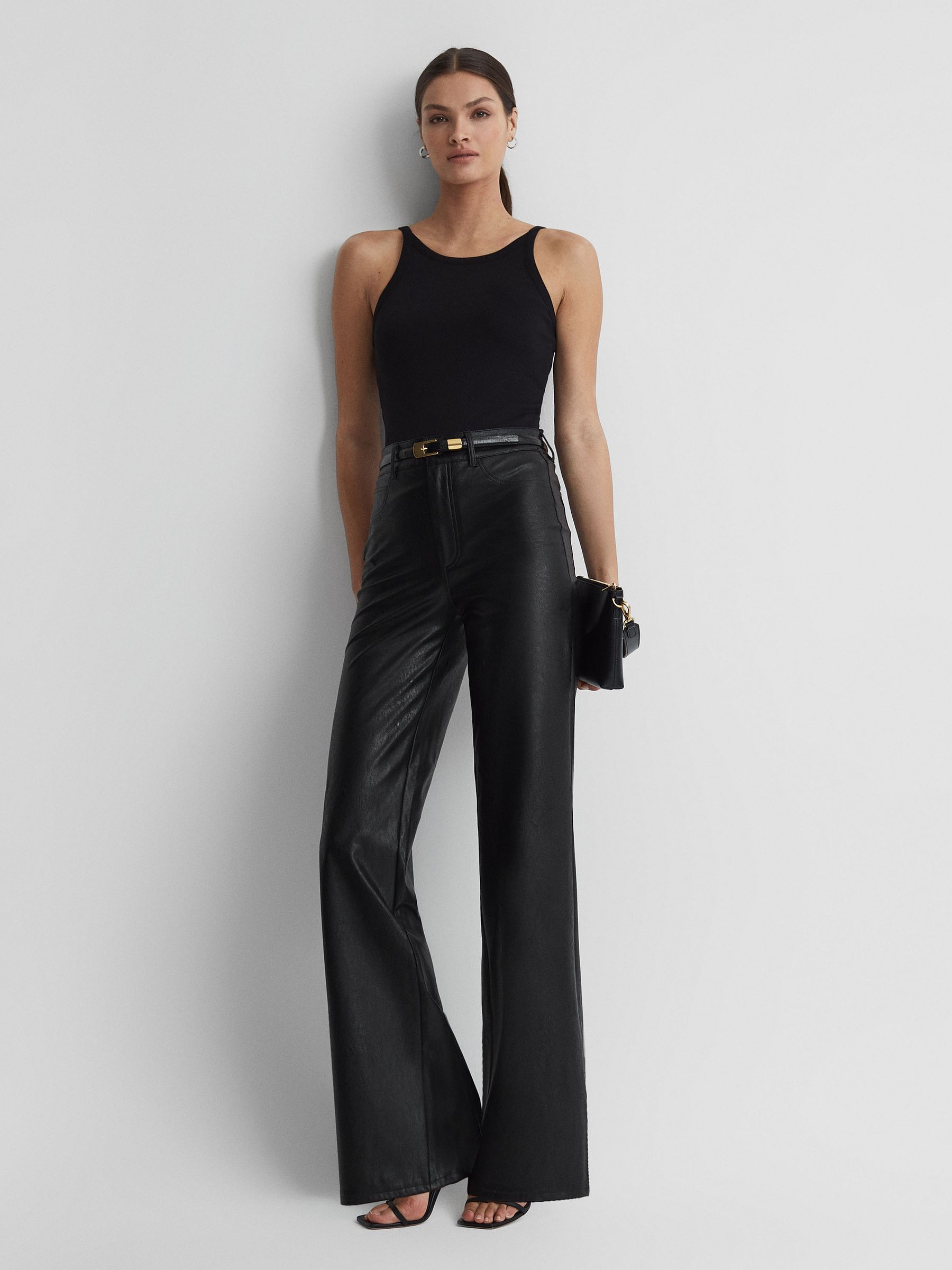 Paige High Rise Leather-Look Wide Leg Jeans in Black