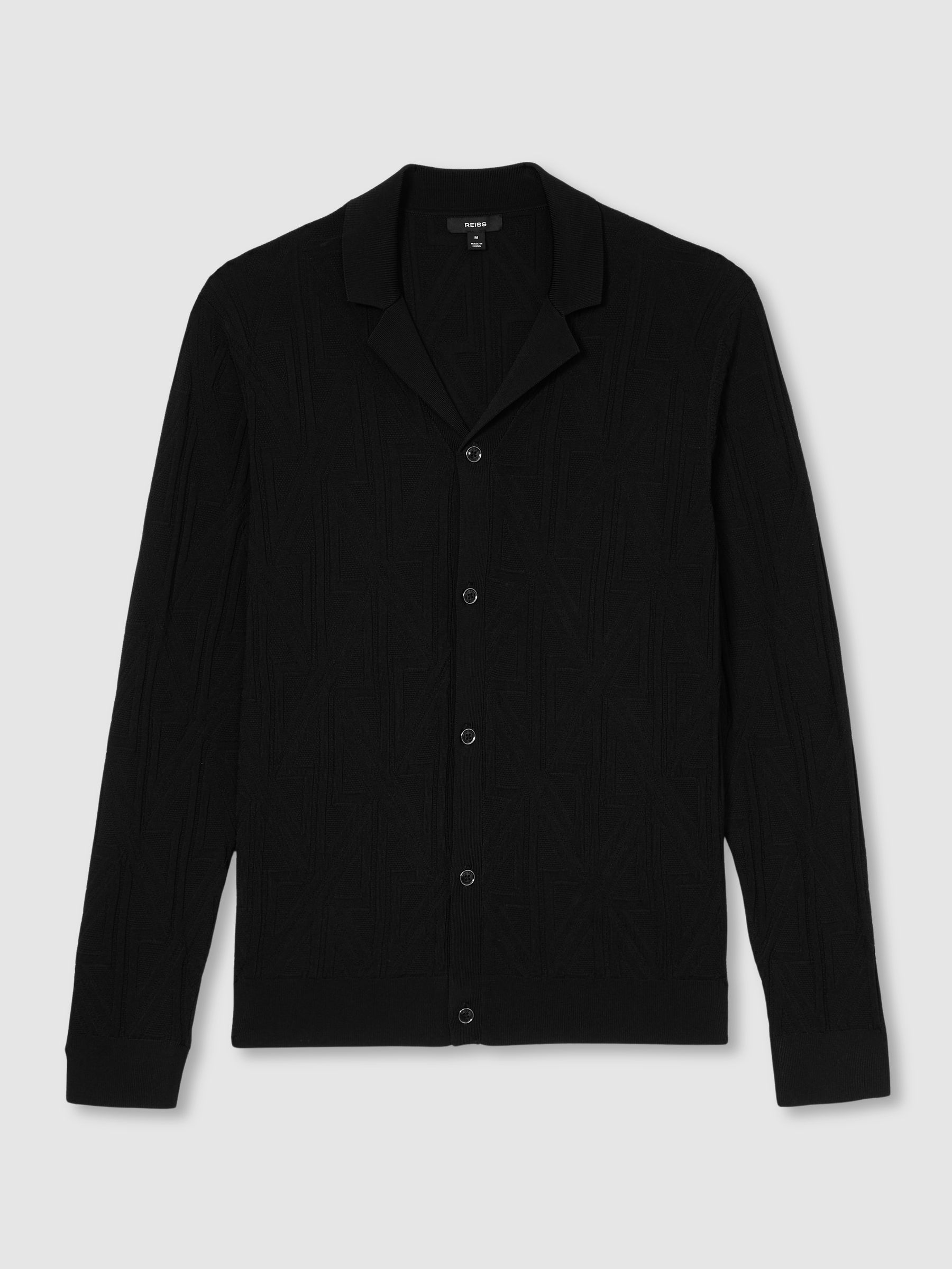 Jacquard Cuban-Collar Button-Through Shirt in Black