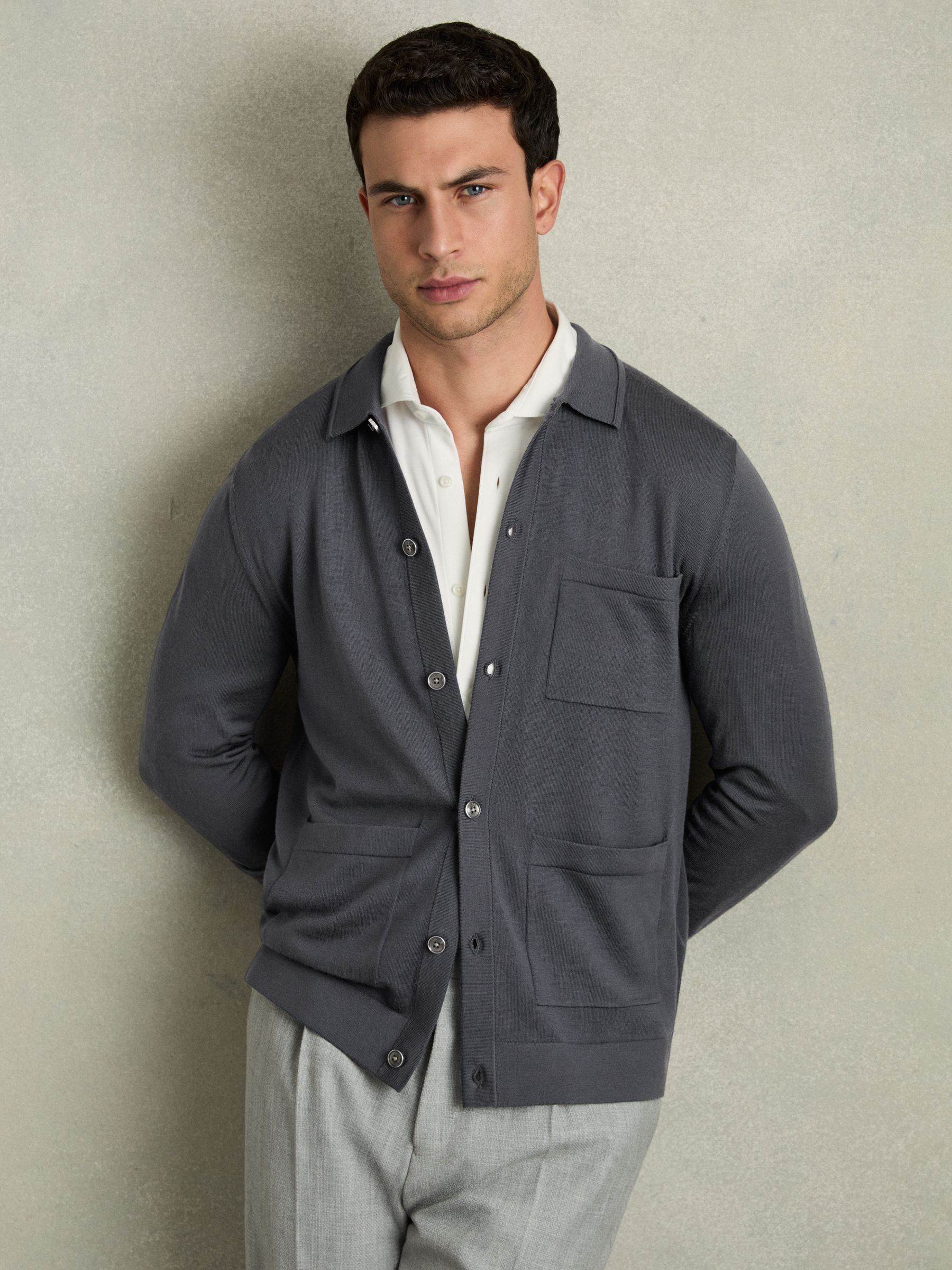 Merino Wool Button-Through Cardigan in Blackend Blue