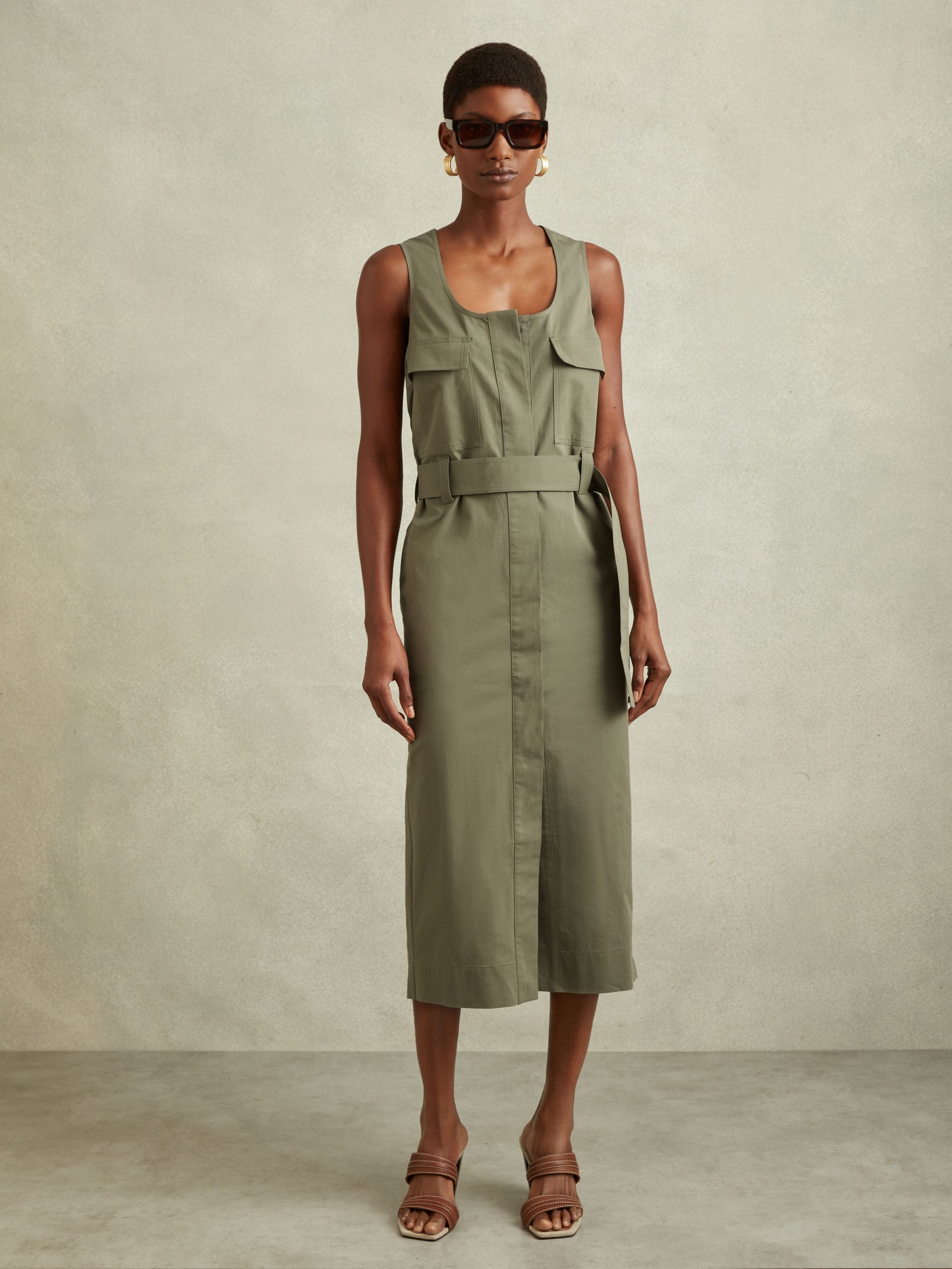 Utility Belted Midi Dress in Sage