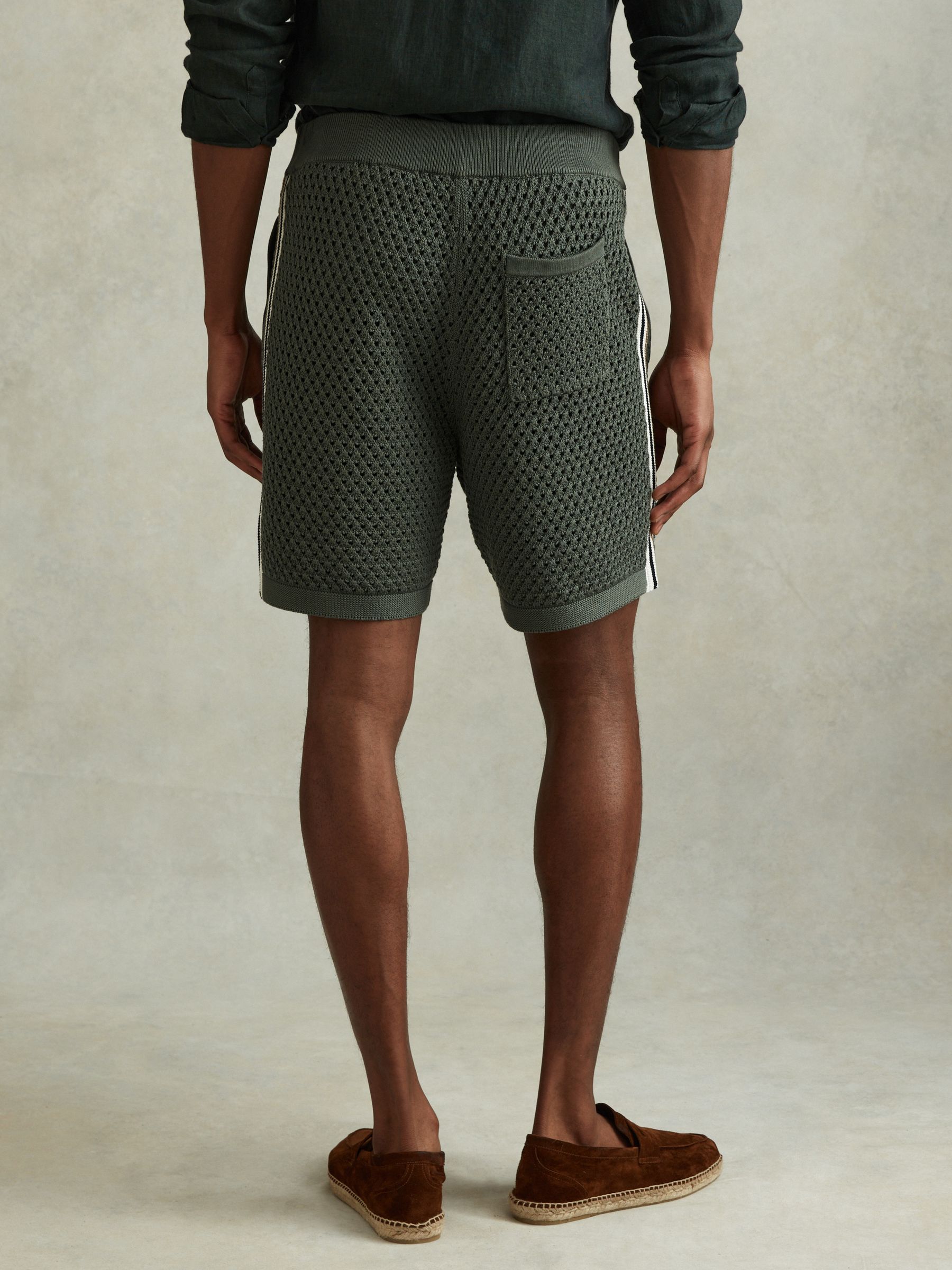 Cotton Blend Crochet Drawstring Shorts in Dark Sage Green
