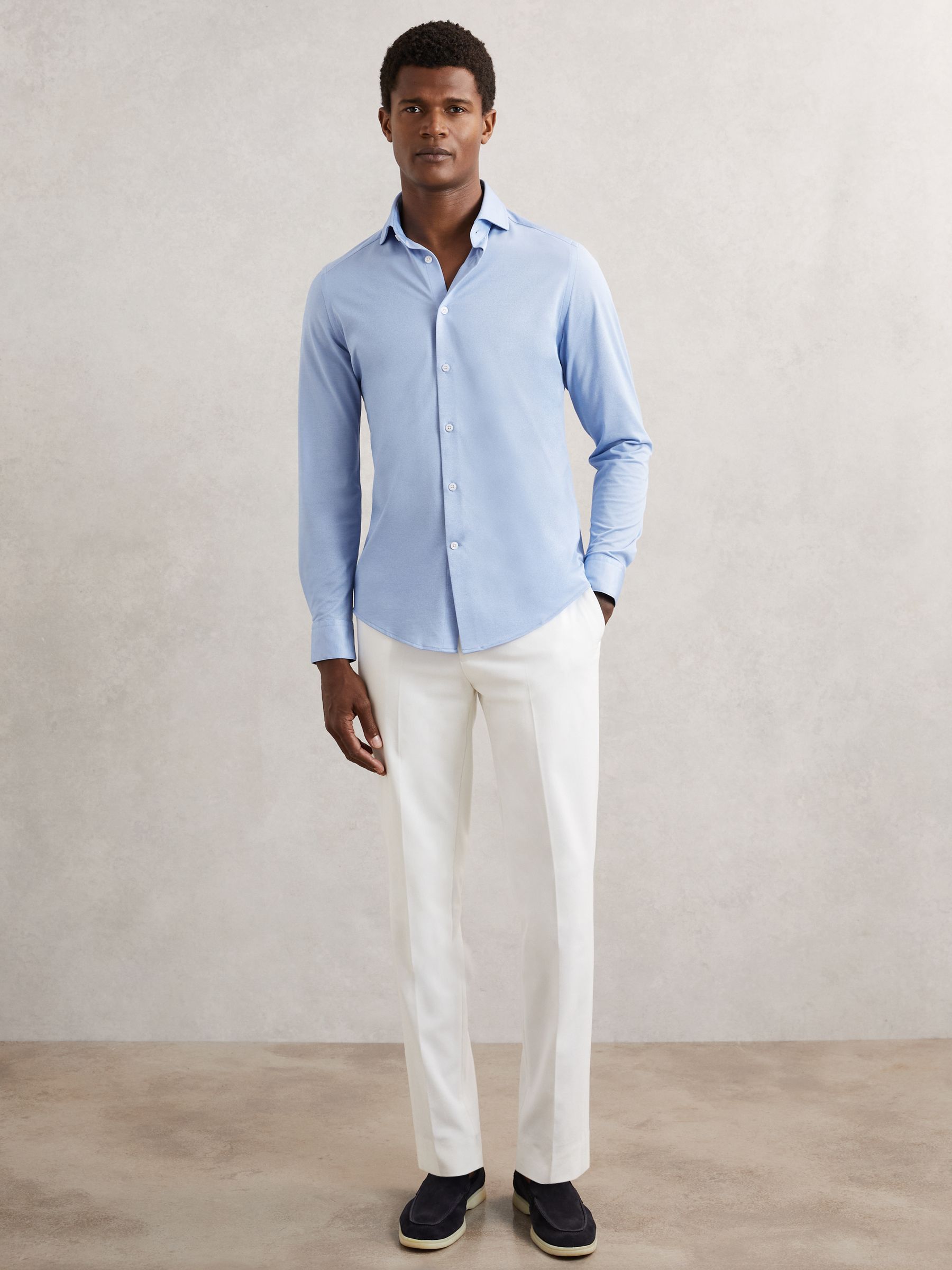 Cotton-Blend Jersey Cutaway-Collar Shirt in Soft Blue