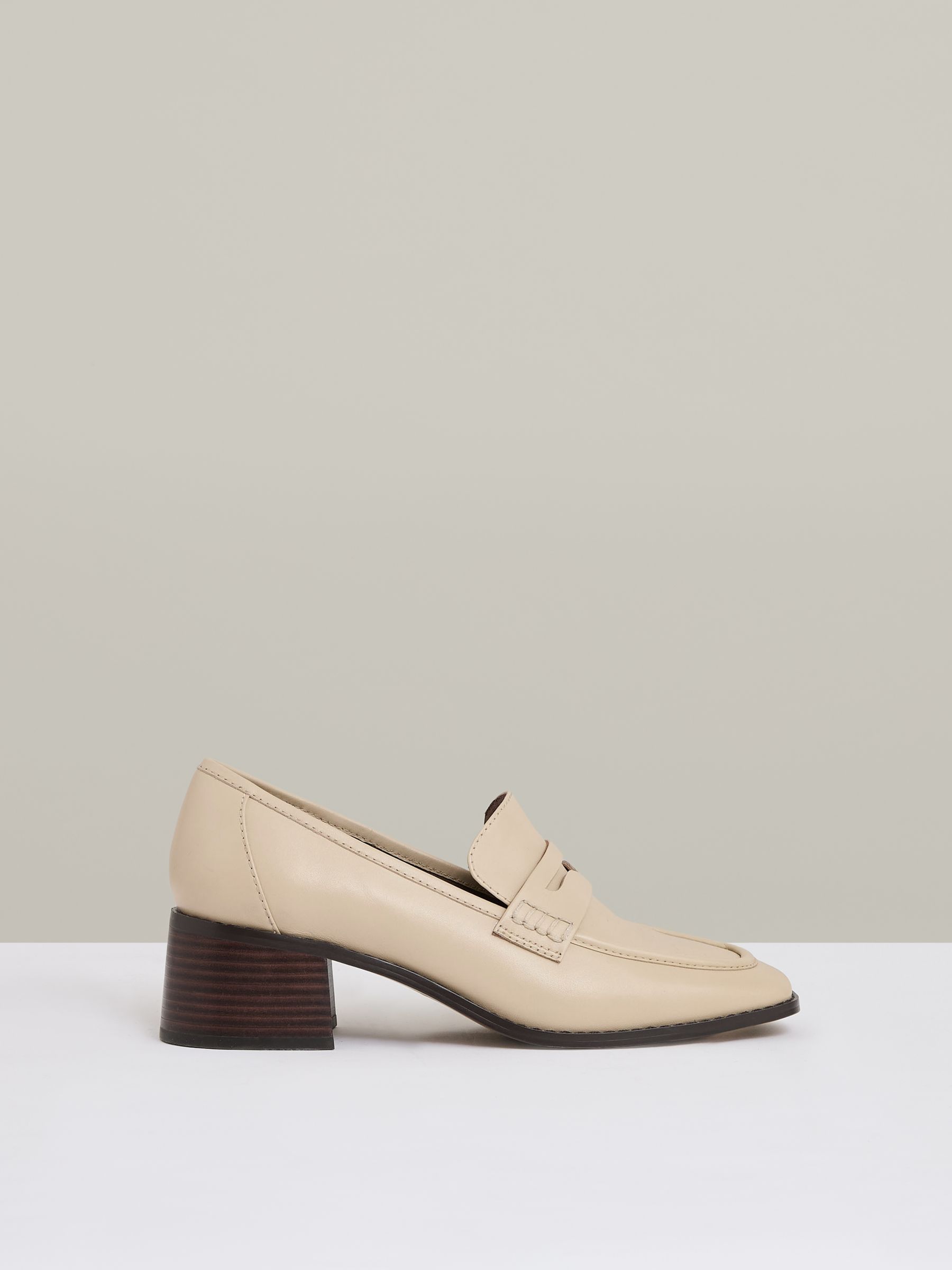 Leather Block-Heel Penny Loafers in Off White