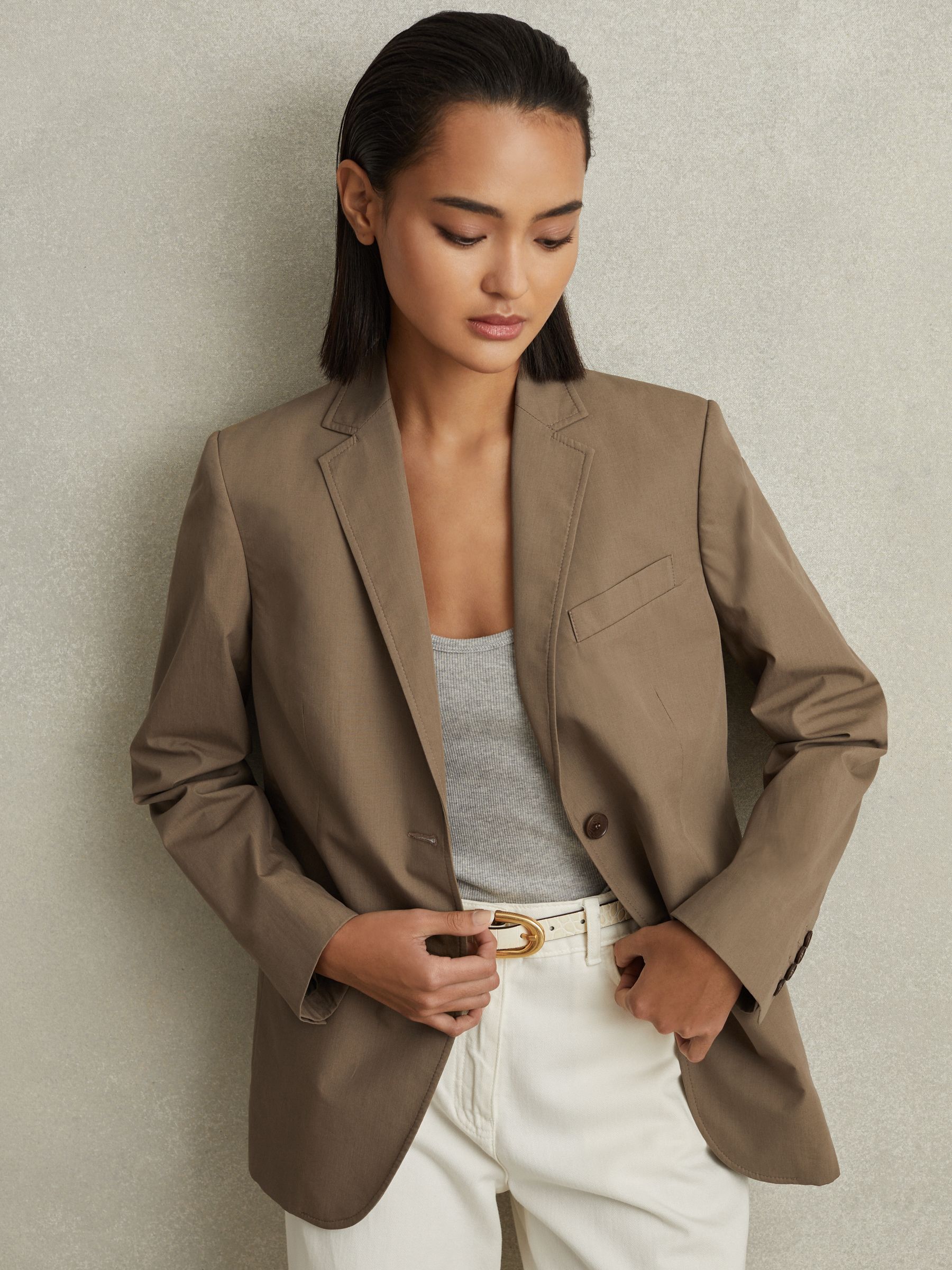 Single Breasted Cotton Blazer in Taupe
