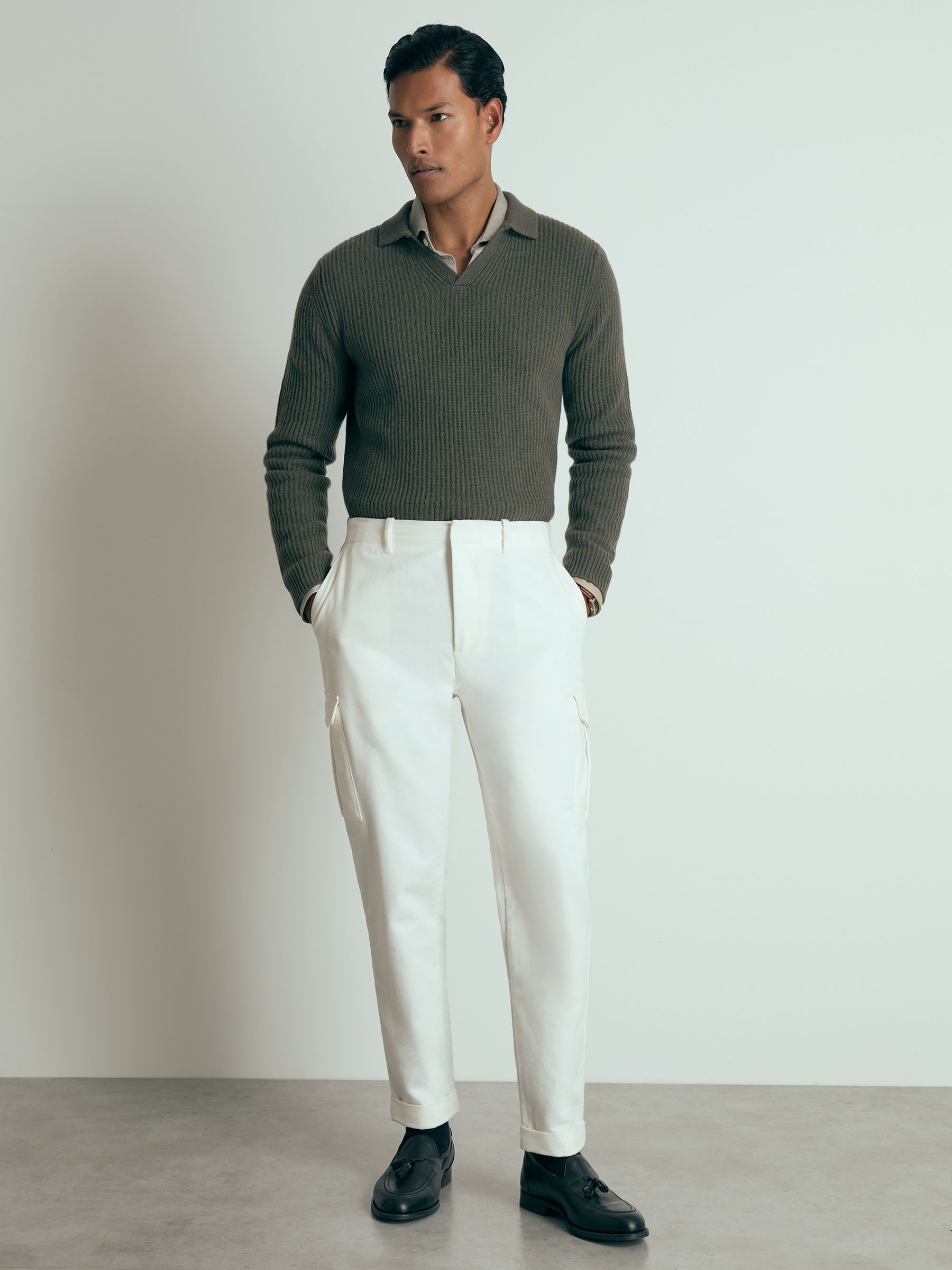 Atelier Ribbed-Cashmere Polo Shirt in Military Green