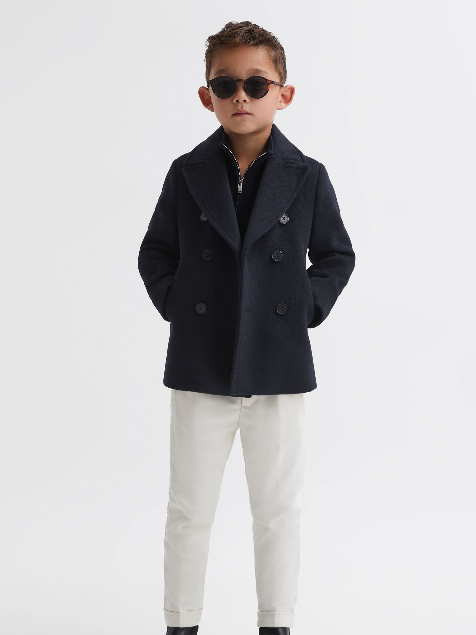 9-13 yrs Wool Blend Twill Double Breasted Coat in Navy