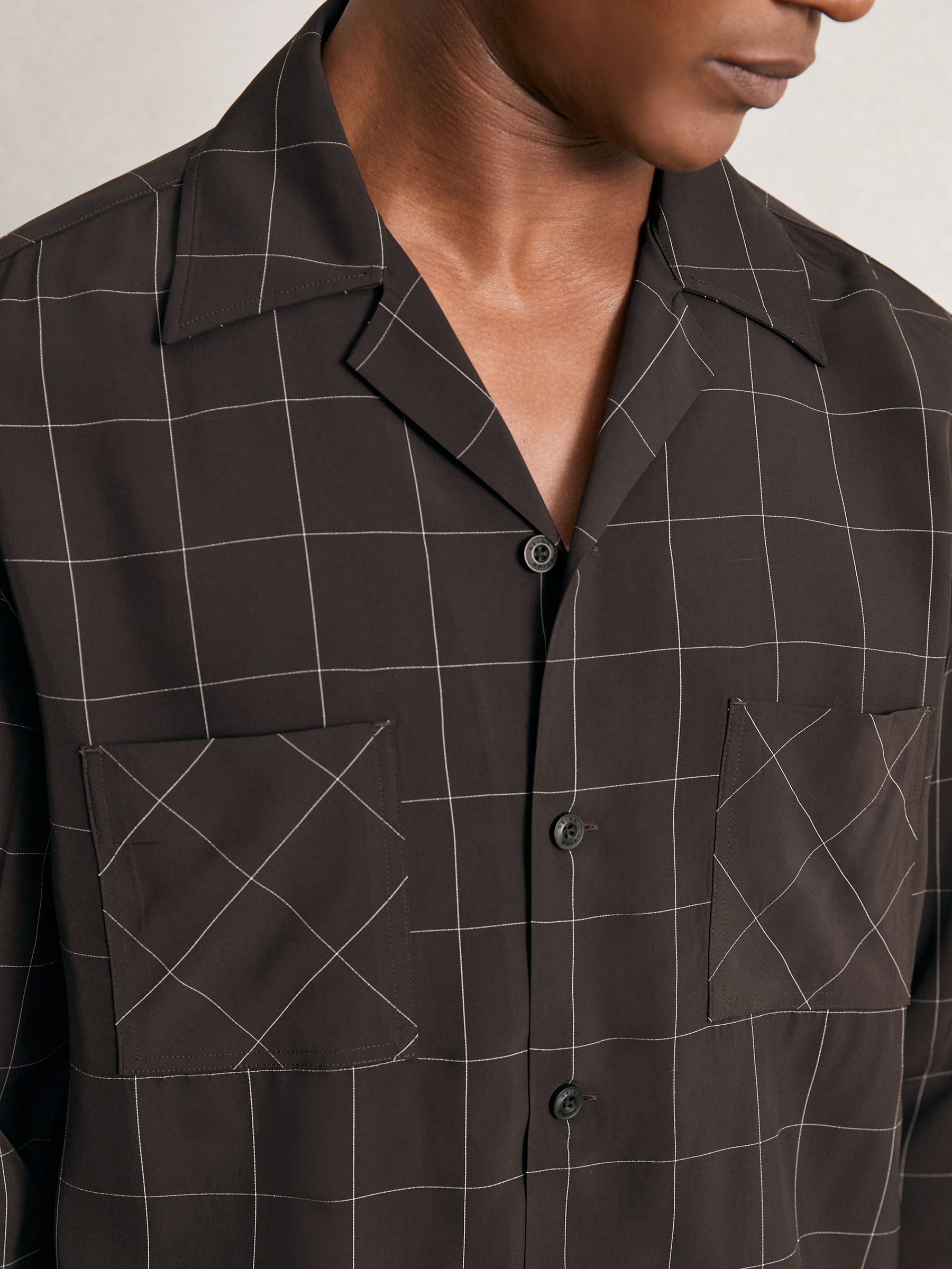 Windowpane-Check Cuban-Collar Shirt in Dark Brown