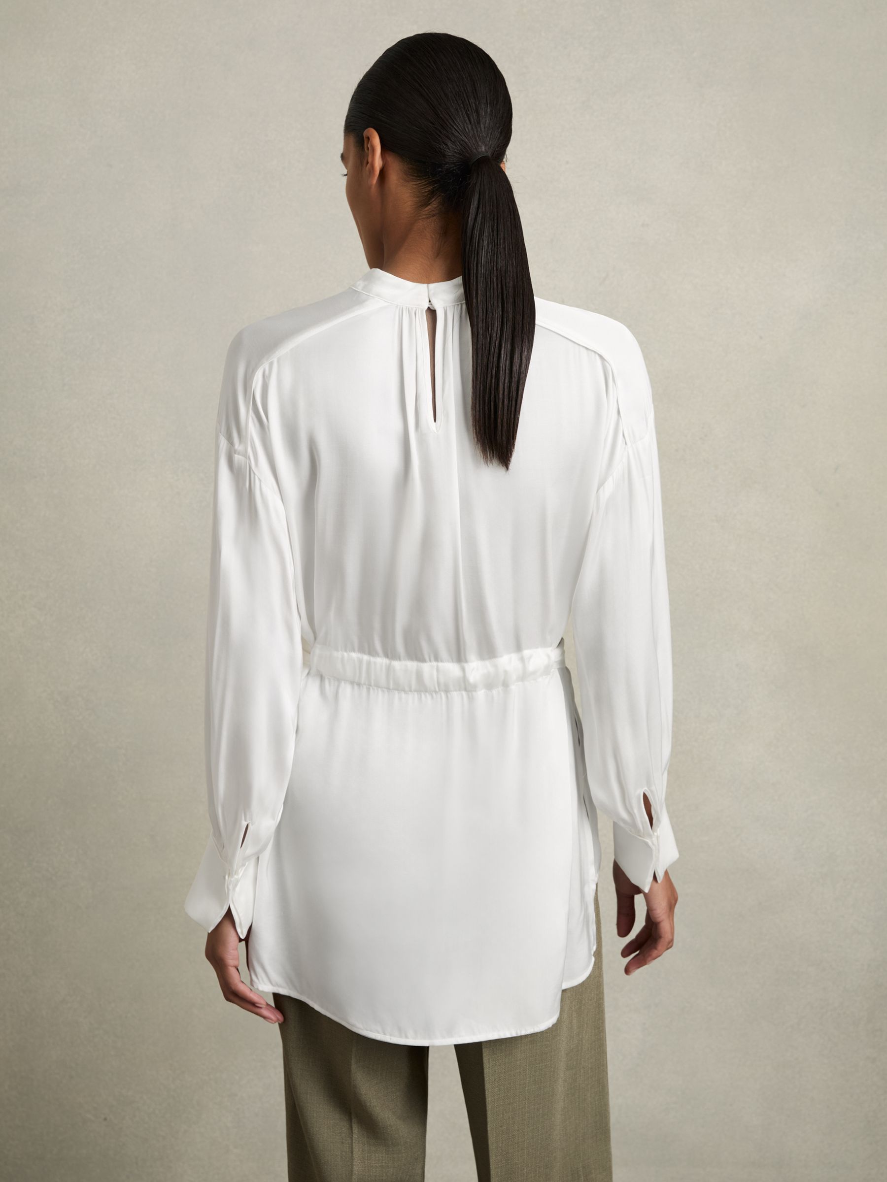 Woven High-Neck Belted Blouse in Ivory