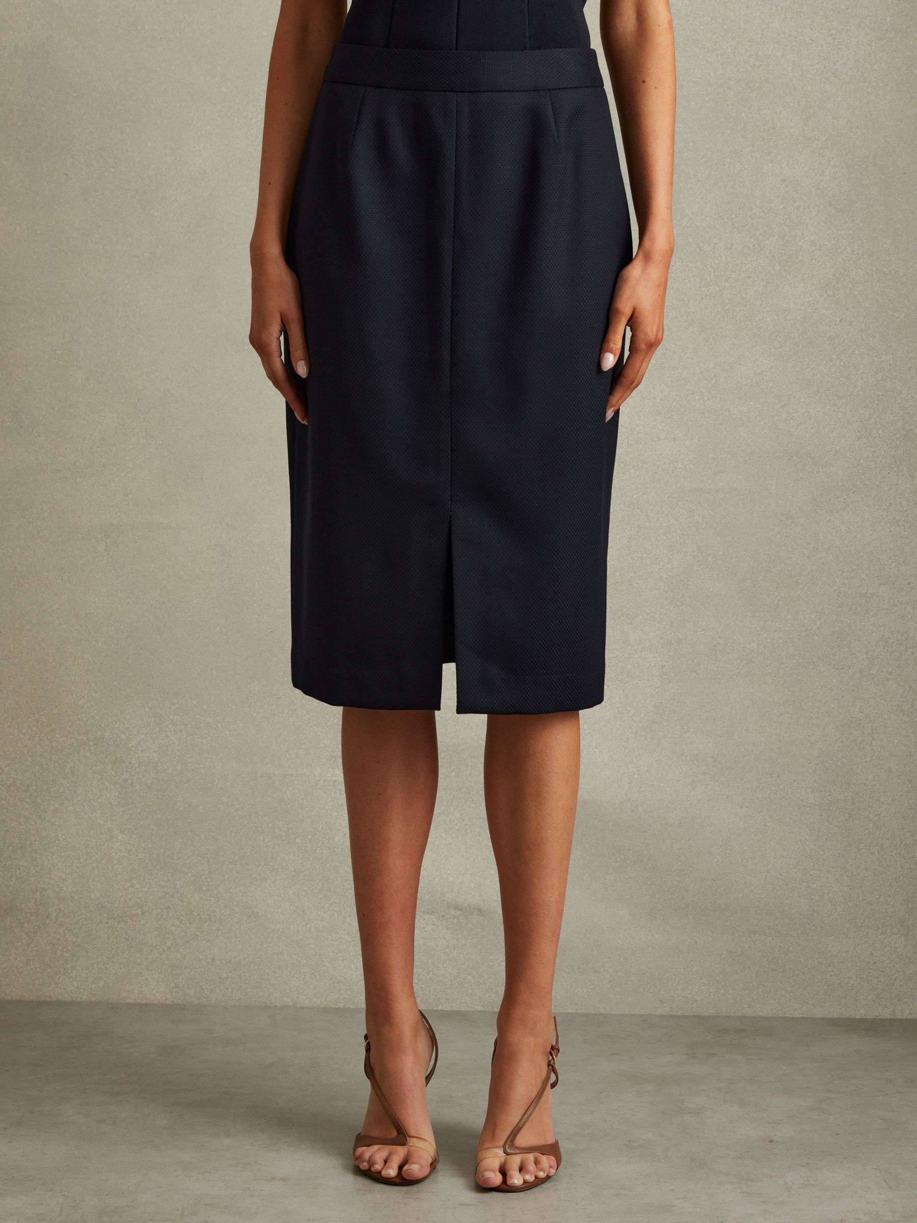 Petite Textured Pencil Midi Suit Skirt in Navy