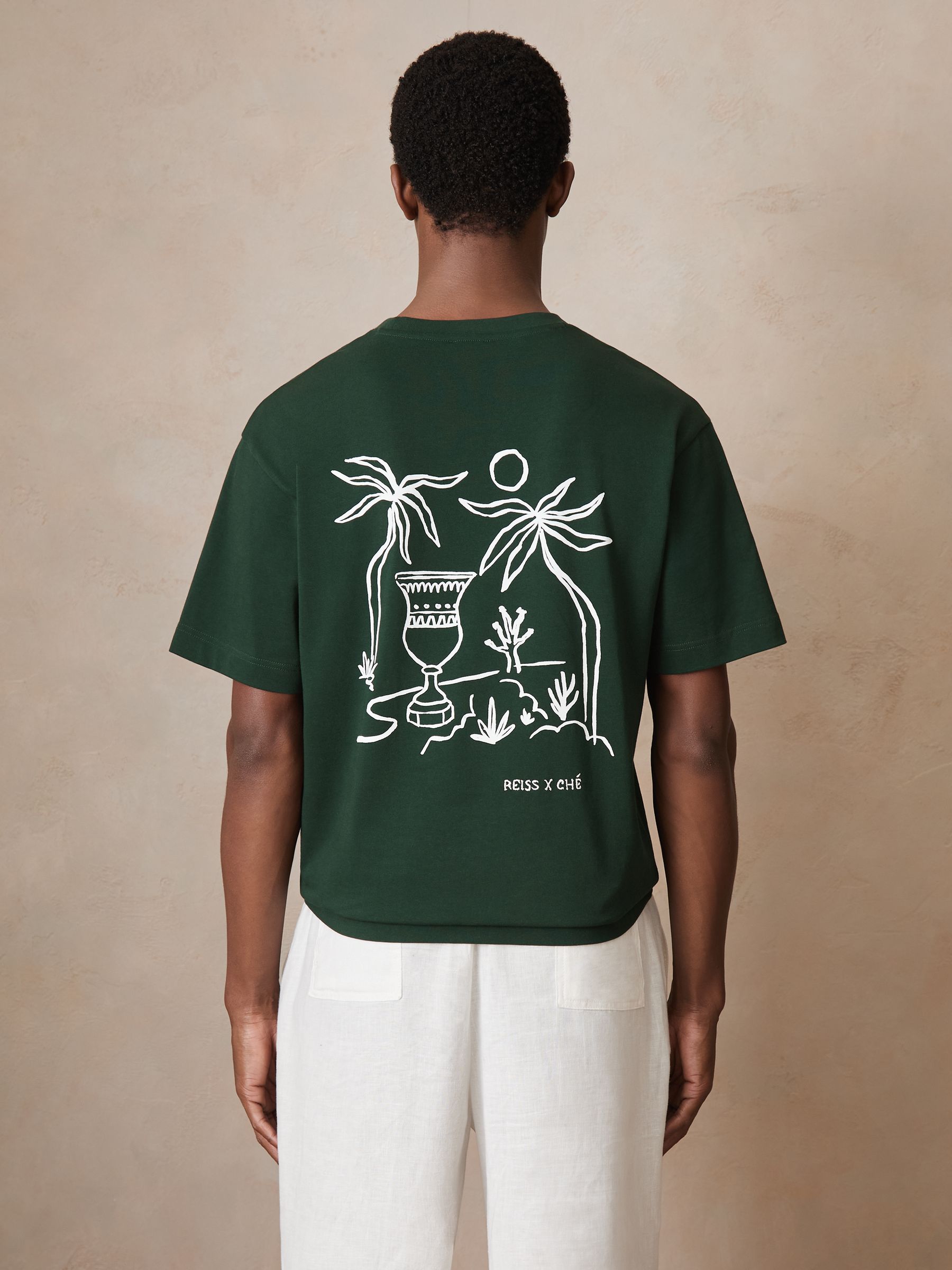 Reiss | Ché Cotton Palm-Tree T-Shirt in Green