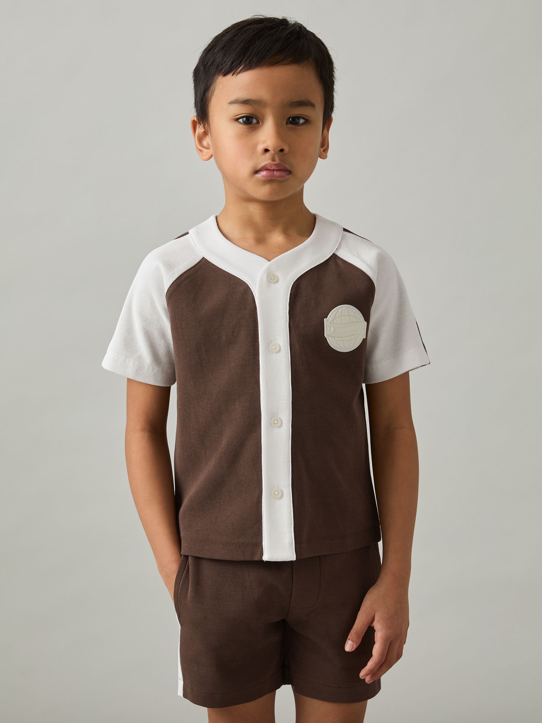 9-13 yrs Cotton Waffle-Knit Badge Shirt in Chocolate Brown / Off White