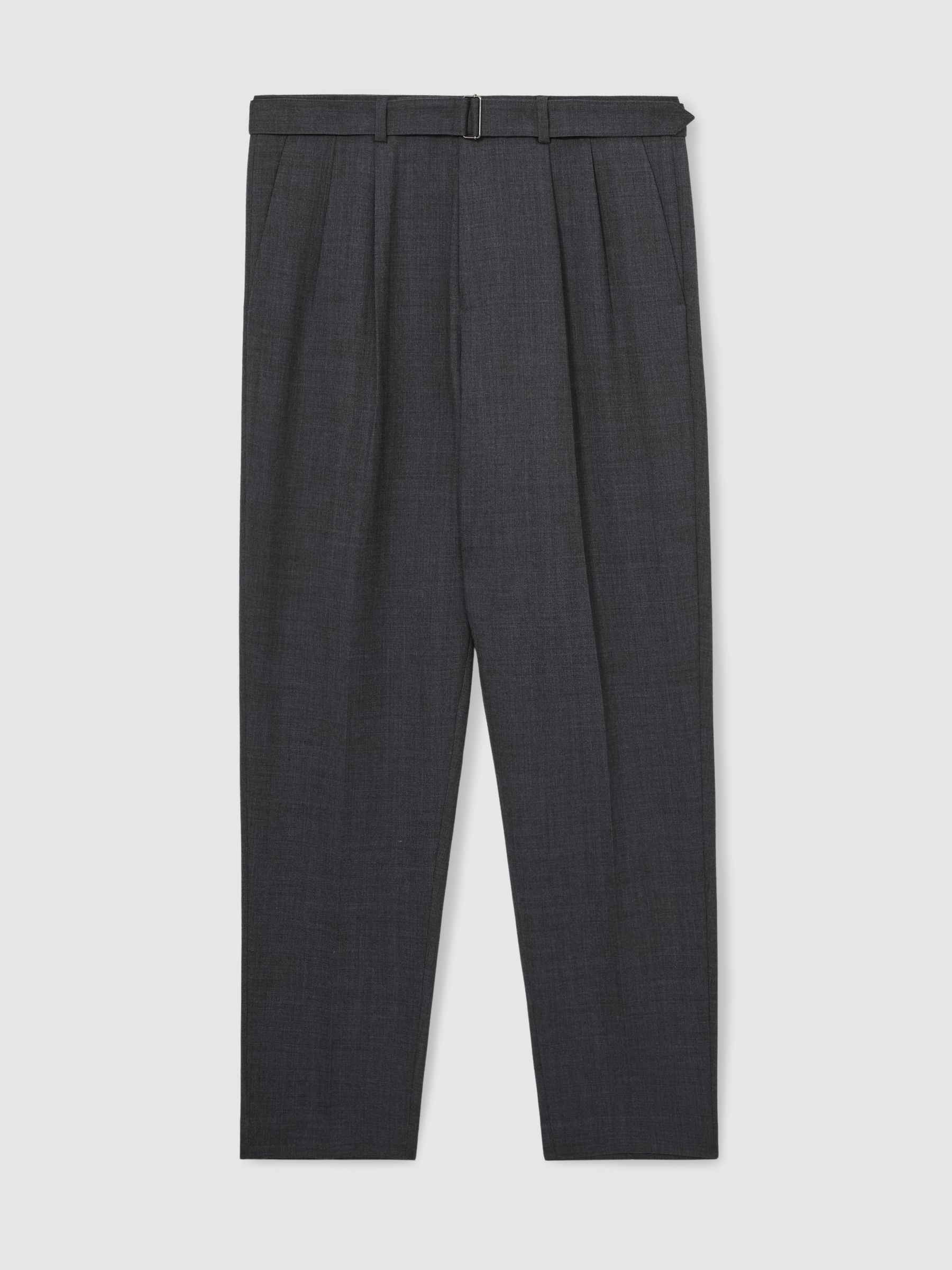 Wool-Blend Belted Trousers in Charcoal Grey