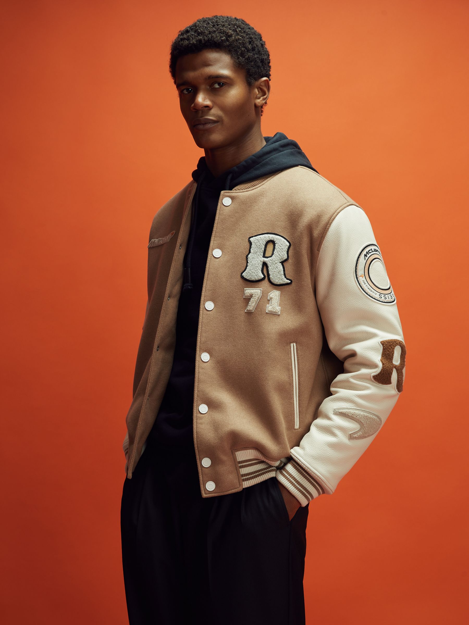 McLaren F1 Leather Varsity Jacket in Camel/Ecru