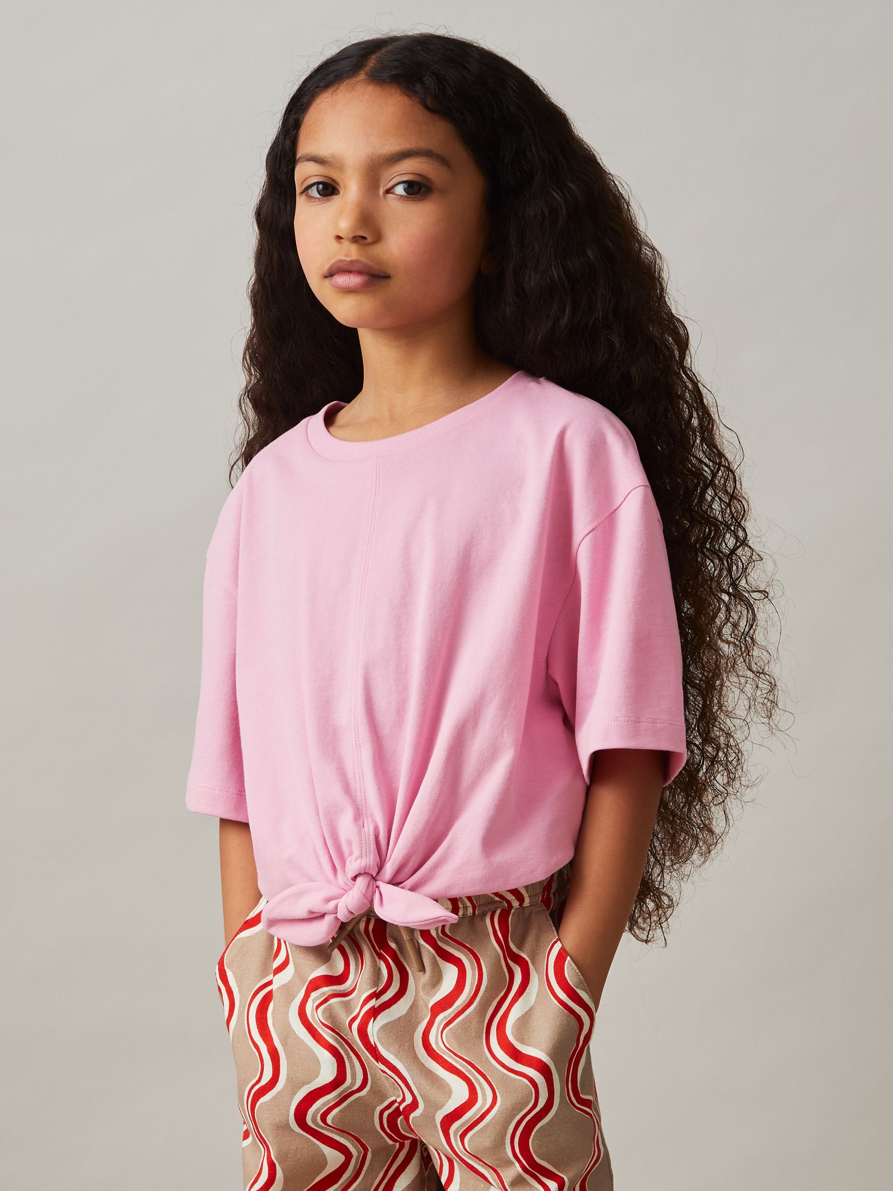 4-9 yrs Cotton Tie-Front Cropped T-Shirt in Pink