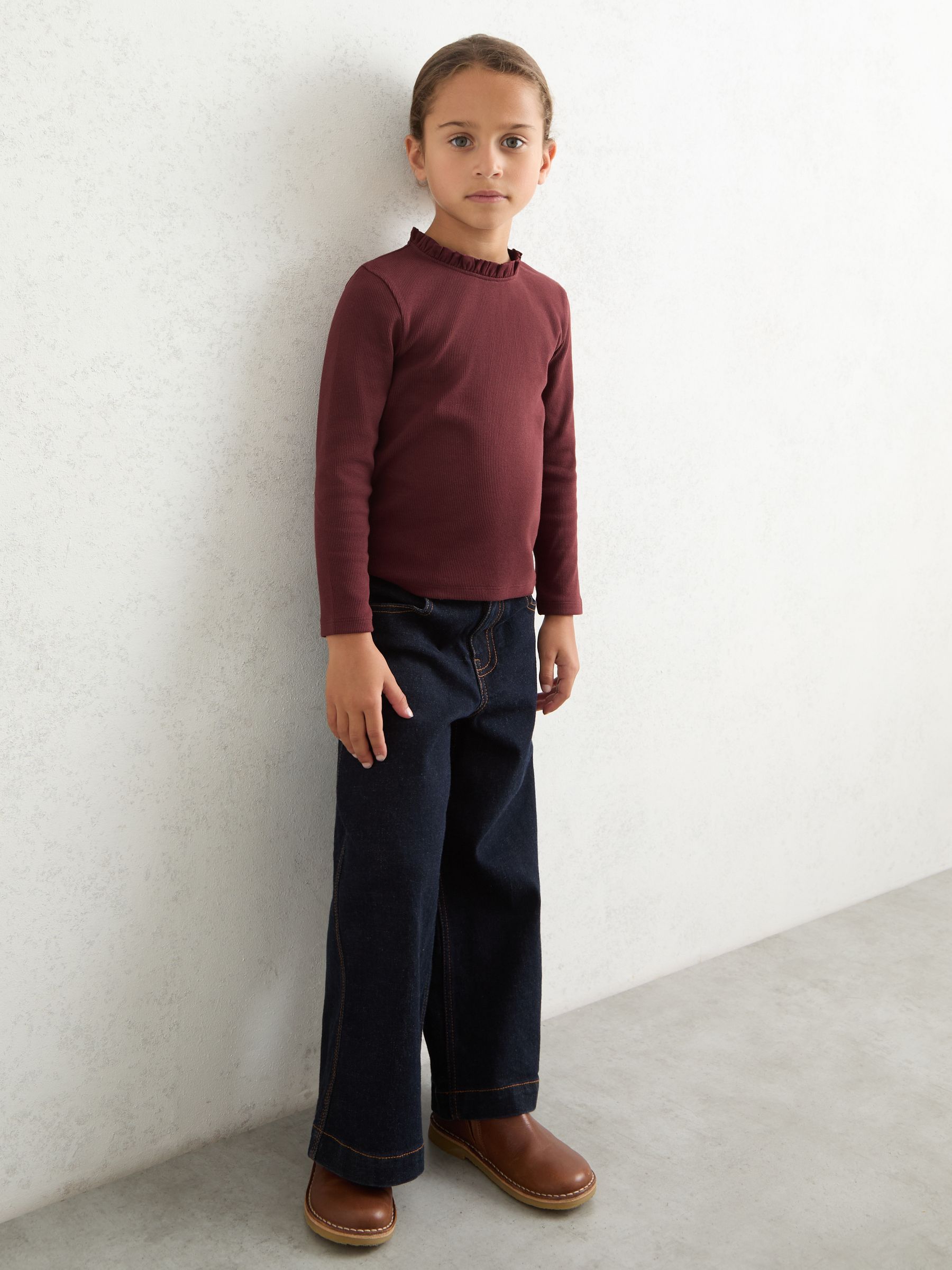 3-9 yrs Stretch-Cotton Ruffle-Neck Top in Burgundy