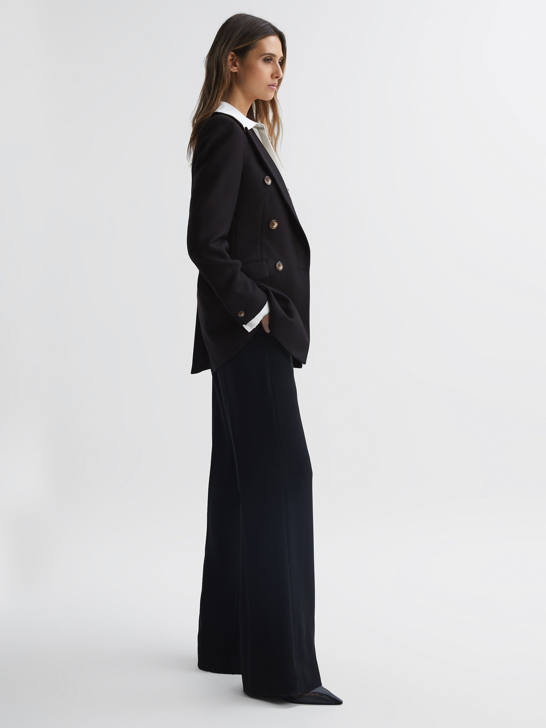 Petite Double Breasted Twill Blazer in Black