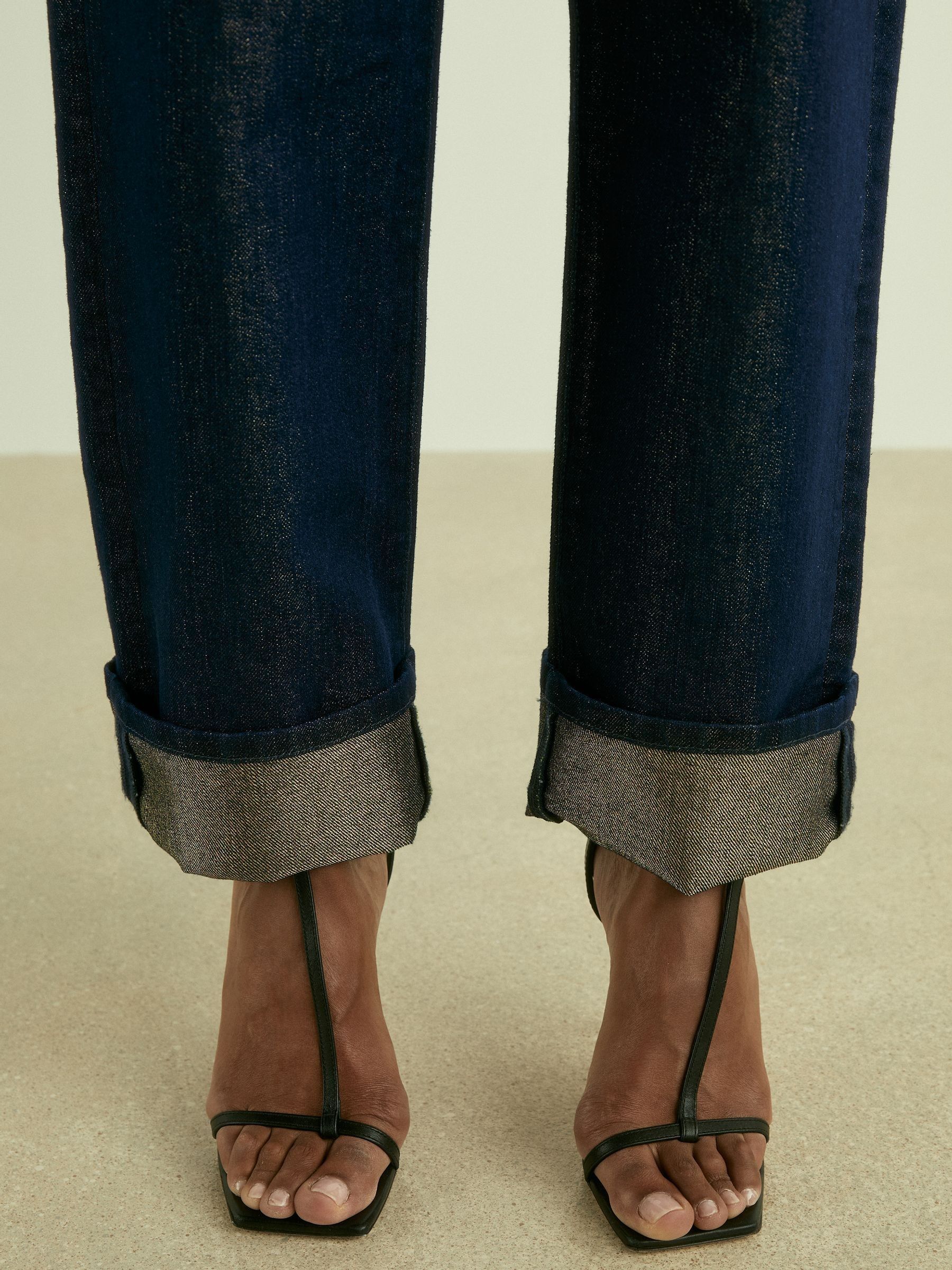 Slim-Leg Metallic-Thread Turn-Up Jeans in Indigo