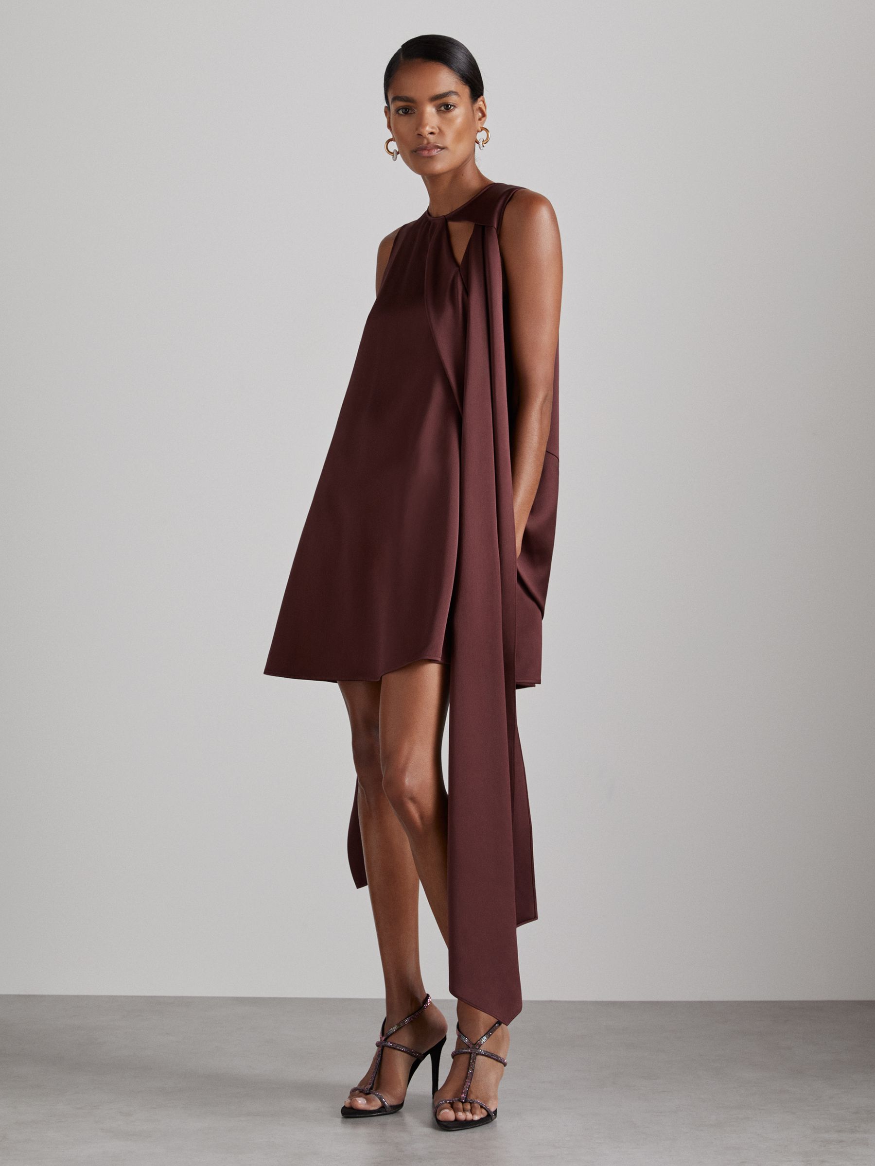 Atelier Satin Draped-Sash Mini Dress in Burgundy