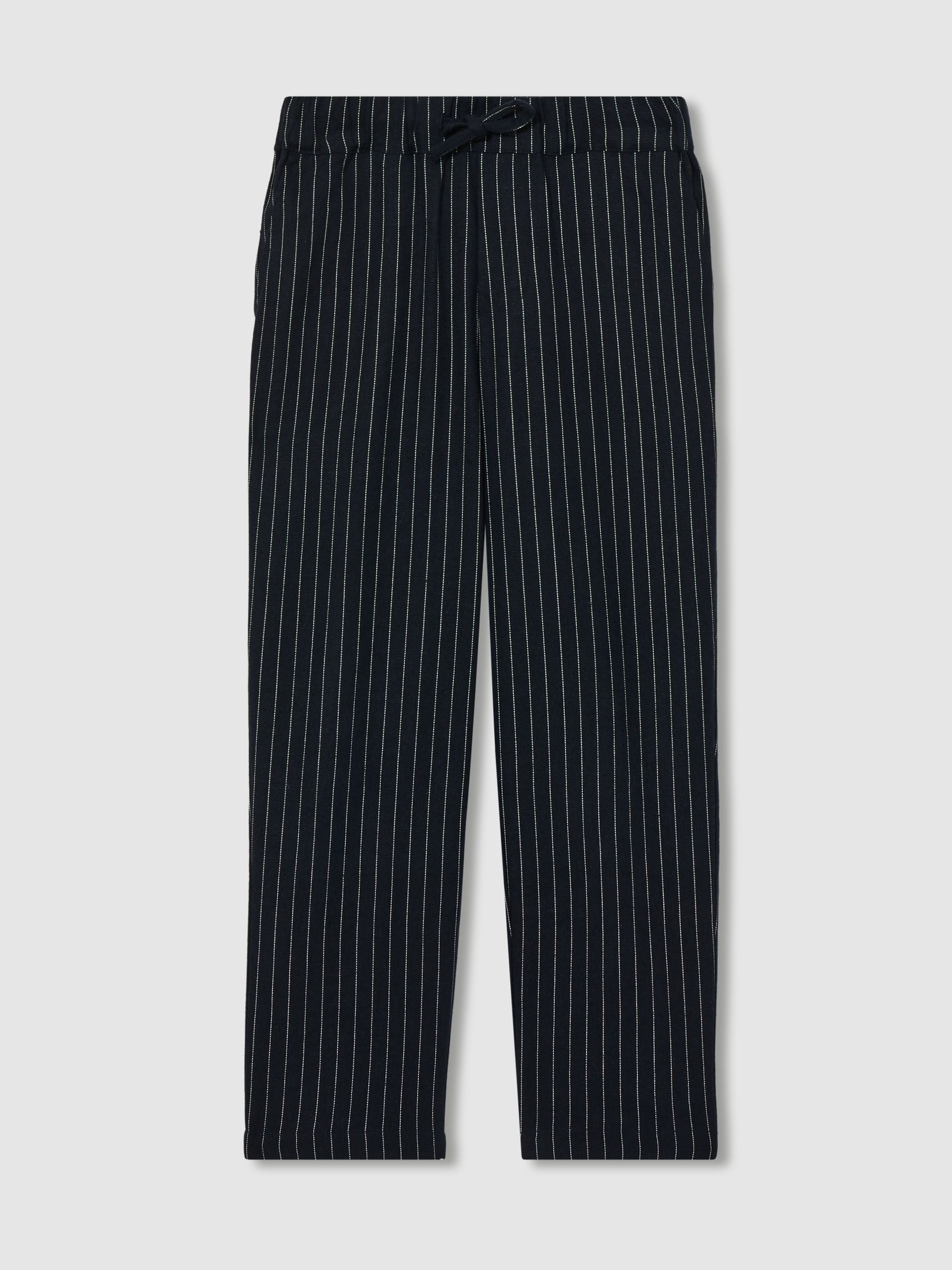 Linen-Blend Drawstring Trousers in Navy Stripe