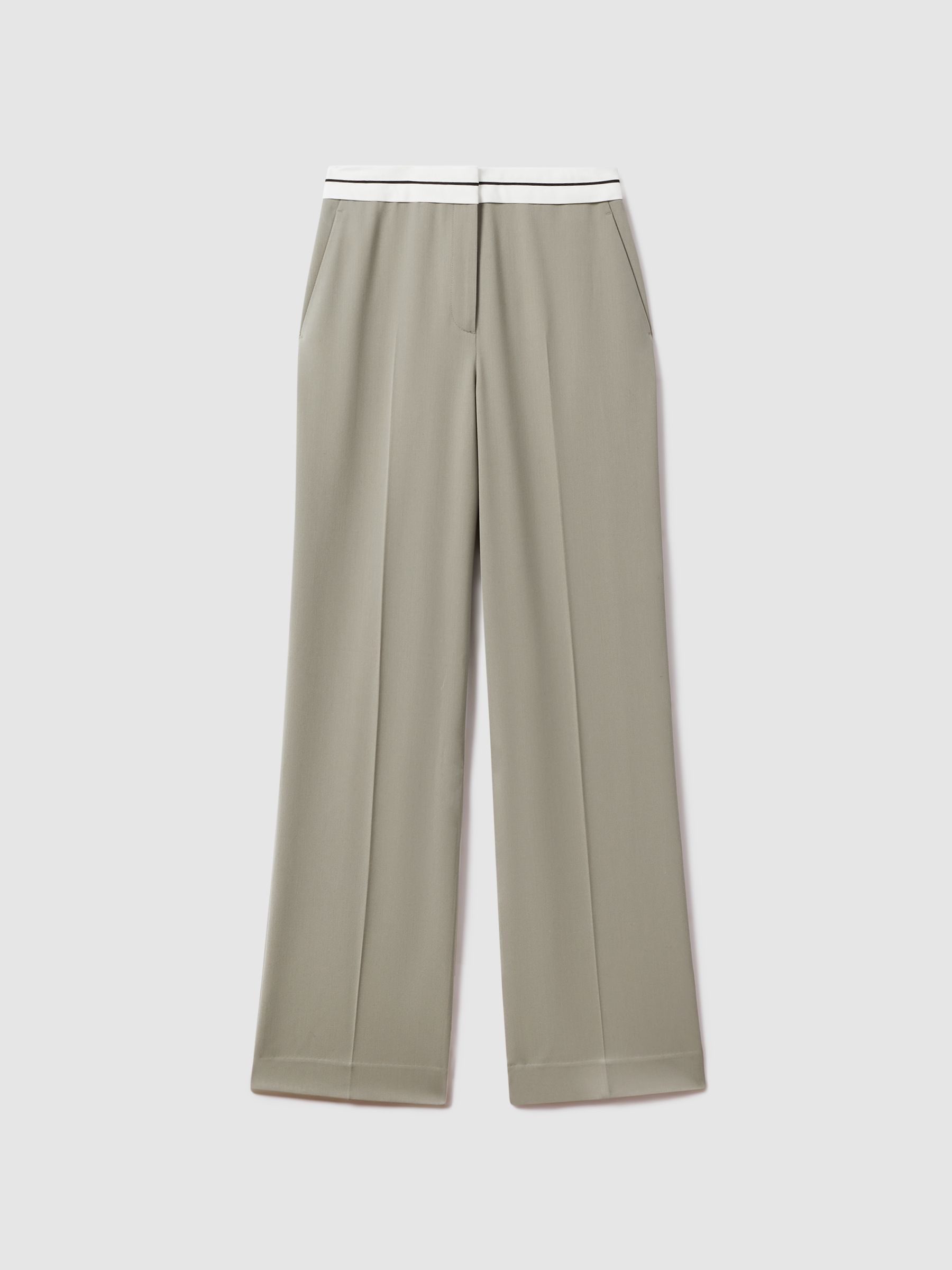 Contrast Waistband Wide Leg Suit Trousers in Green