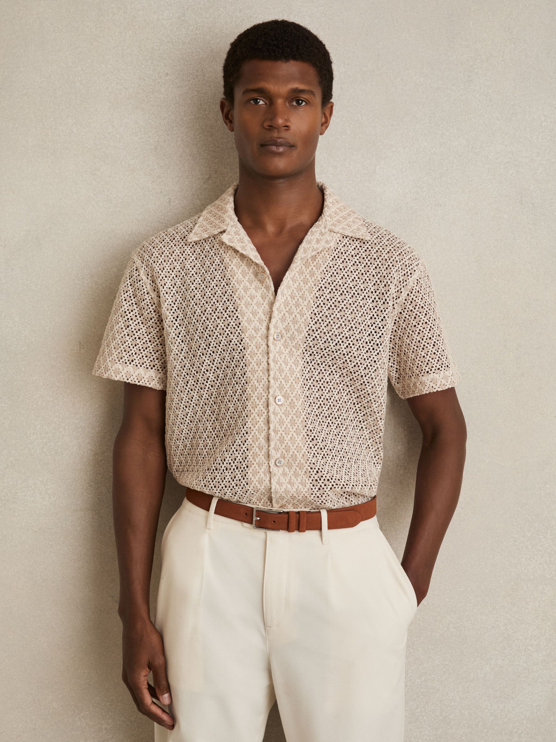Crochet Cuban-Collar Shirt in Oatmeal
