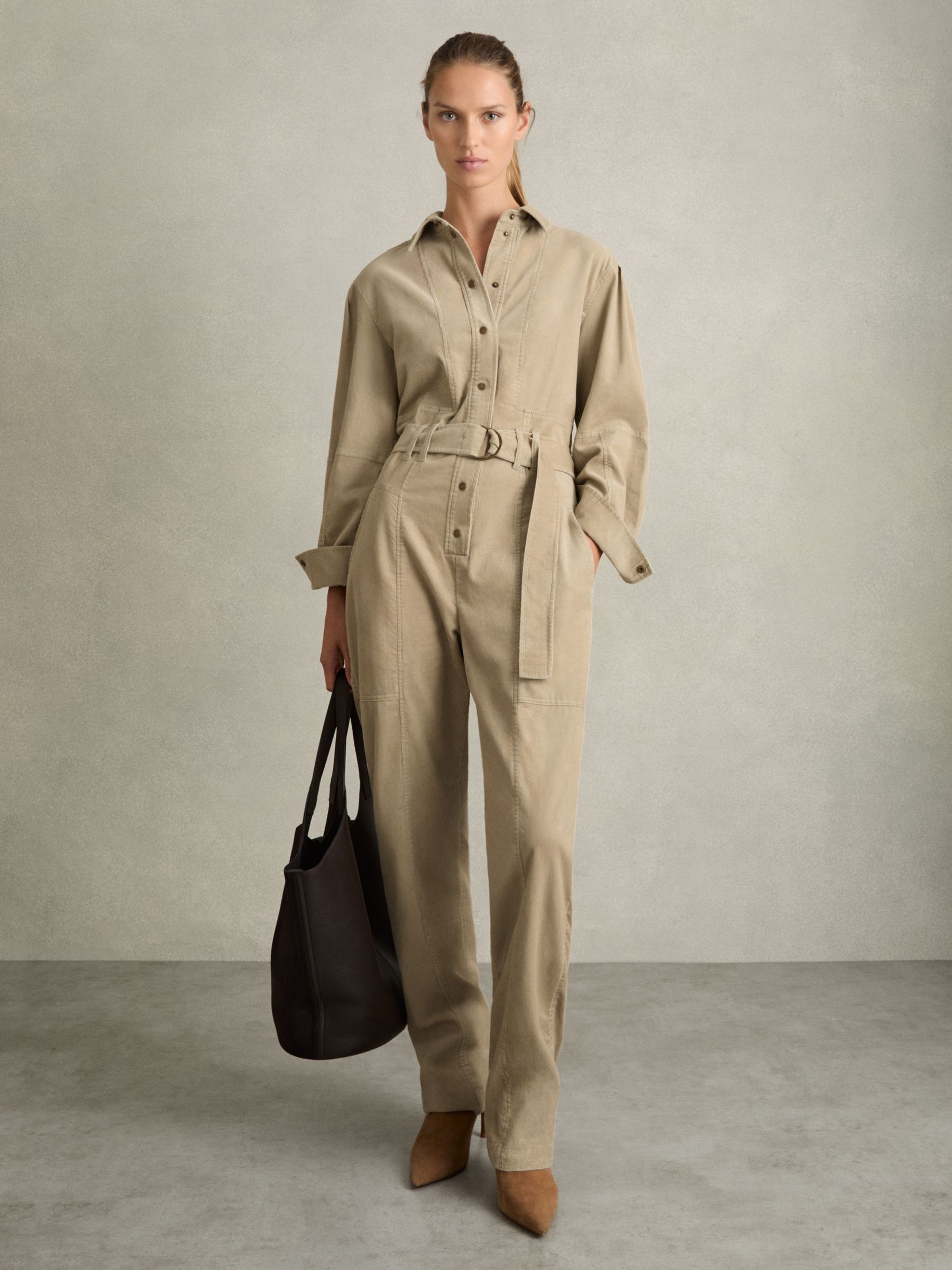 Cotton Corduroy Tapered Jumpsuit With Stretch in Neutral