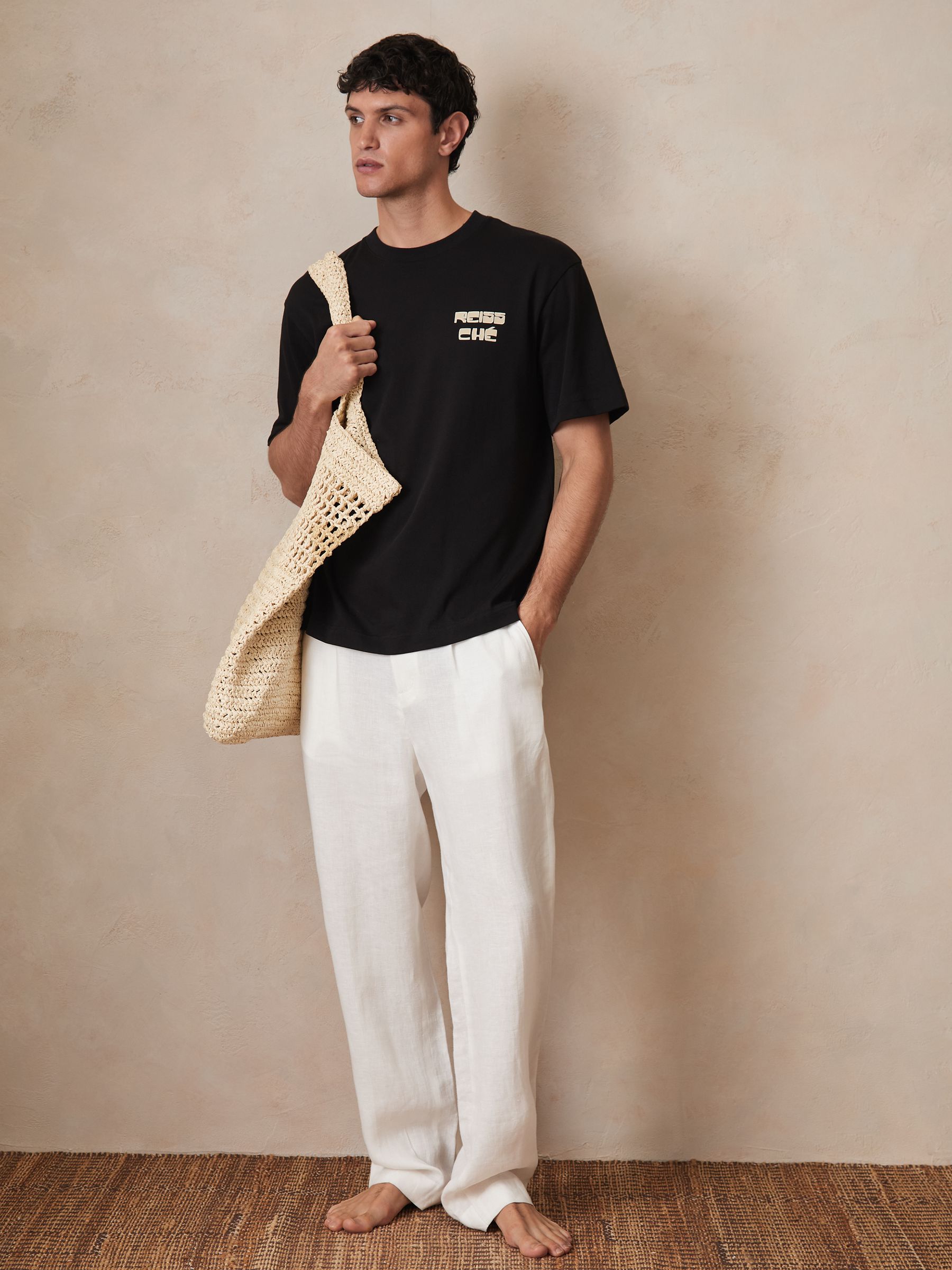 Reiss | Ché Cotton Palm-Print T-Shirt in Black