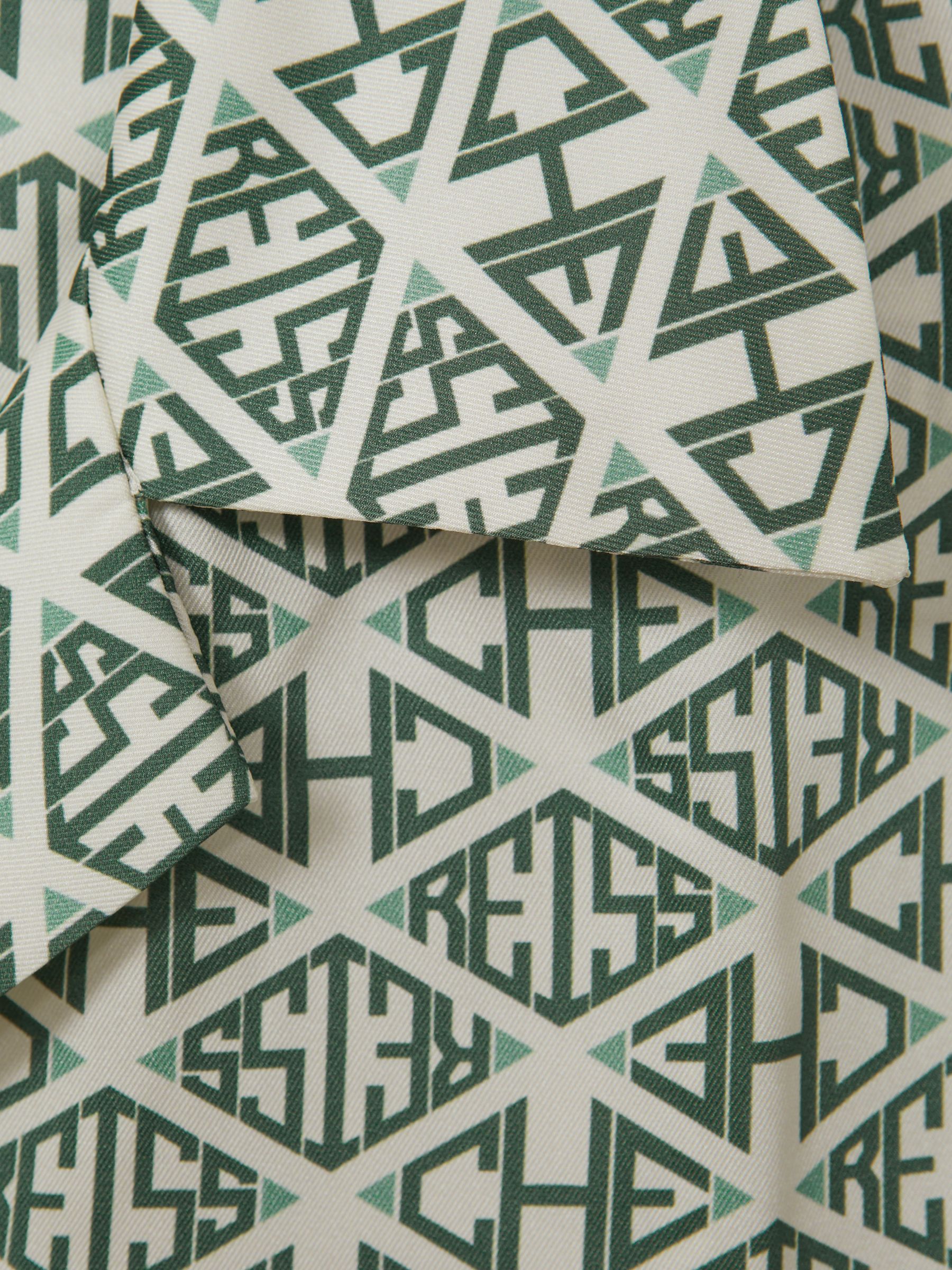 Reiss | Ché Monogram Print Cuff Detail Cuban Collar Shirt in Ivory/Sage