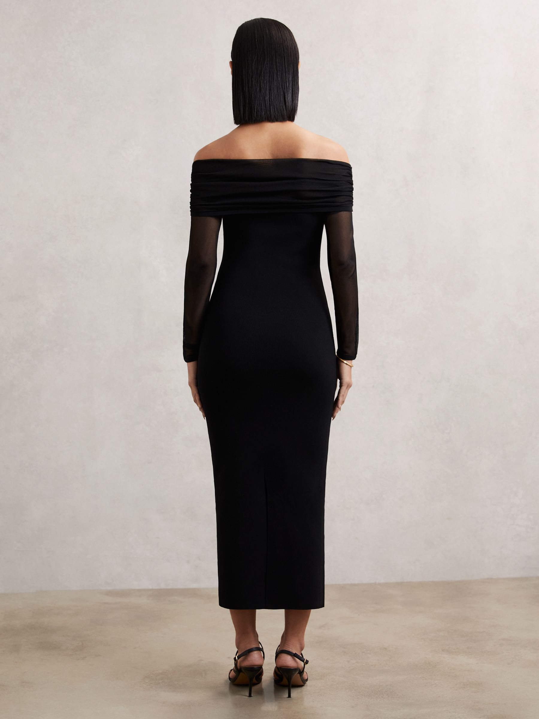 Sheer-Sleeve Knit Midi Dress in Black