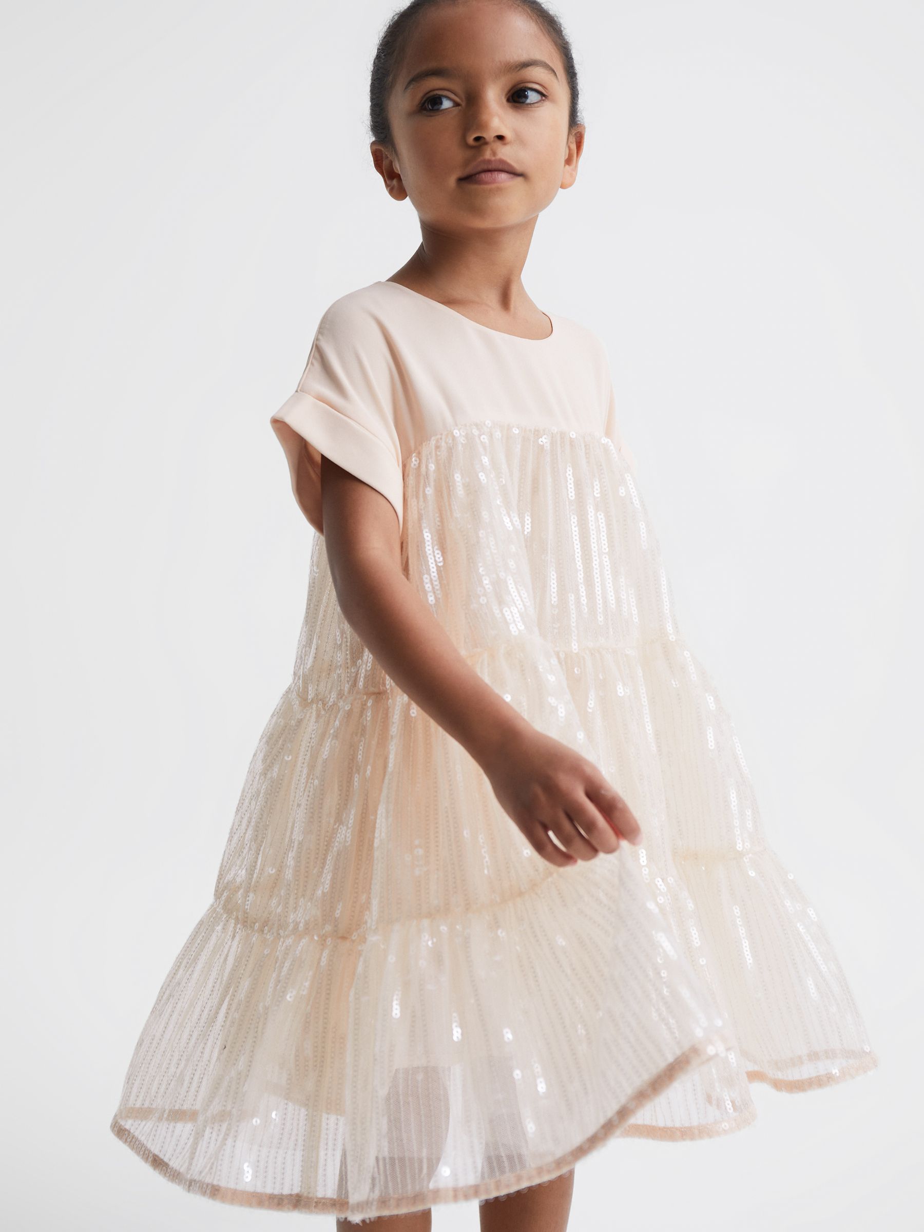 9-12 yrs Sequin Tiered Dress in Pale Pink