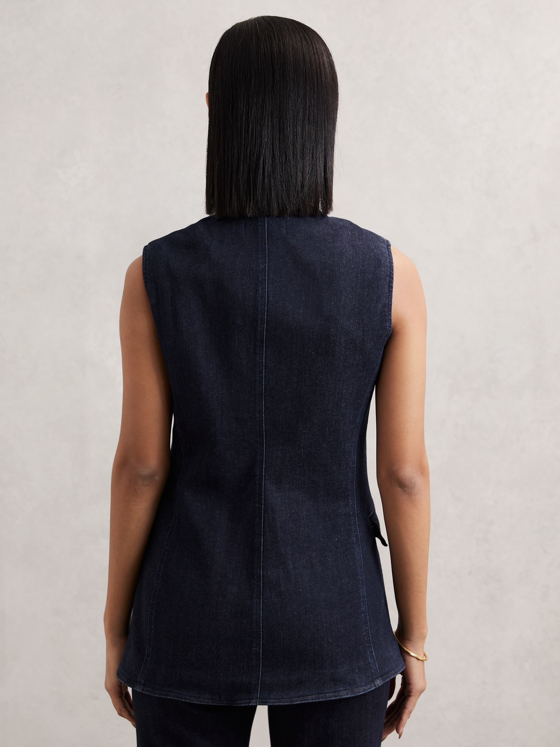 Denim Long-Line Waistcoat in Dark Blue
