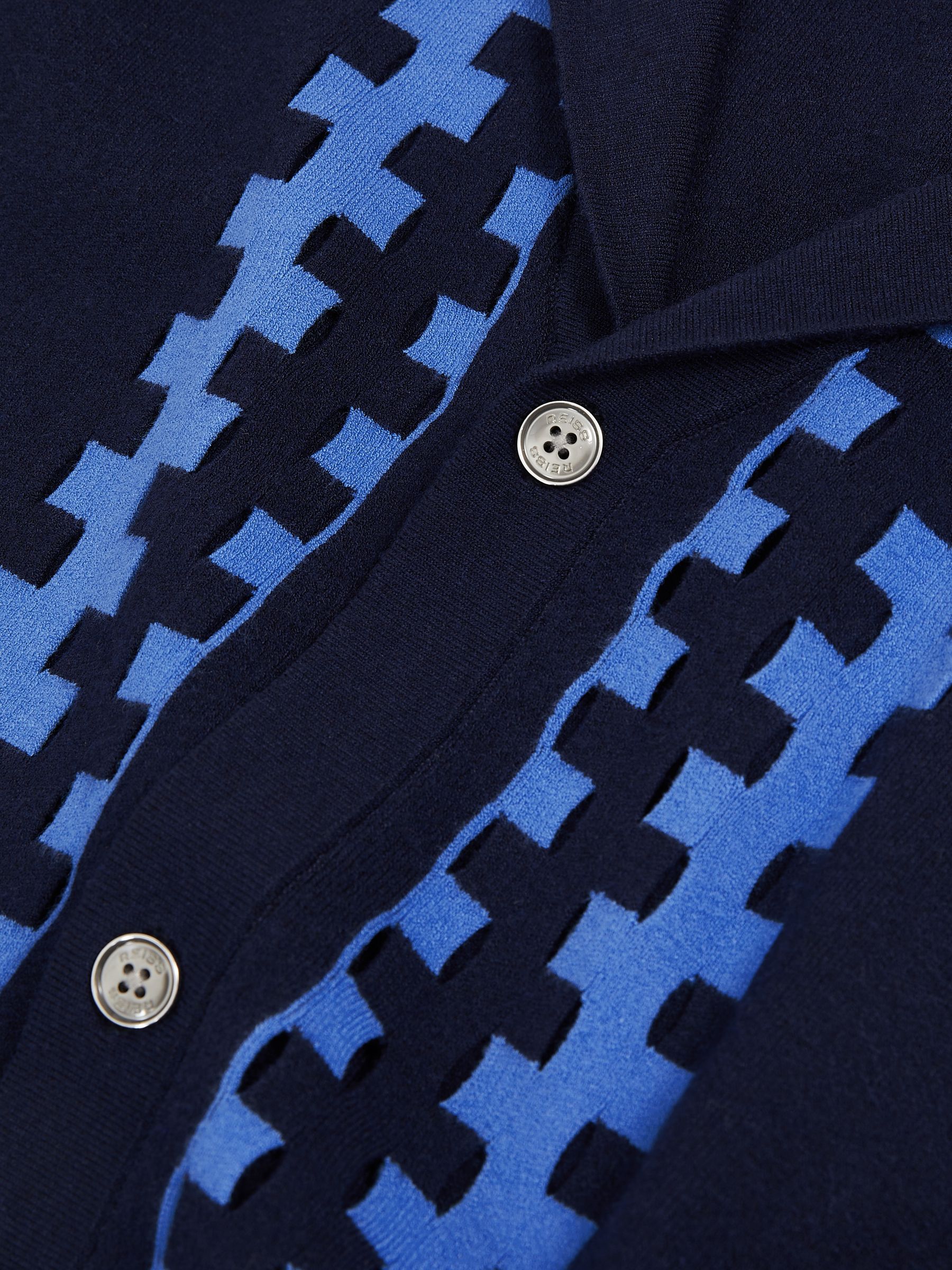 Geometric Cuban-Collar Knit Shirt in Navy/Blue