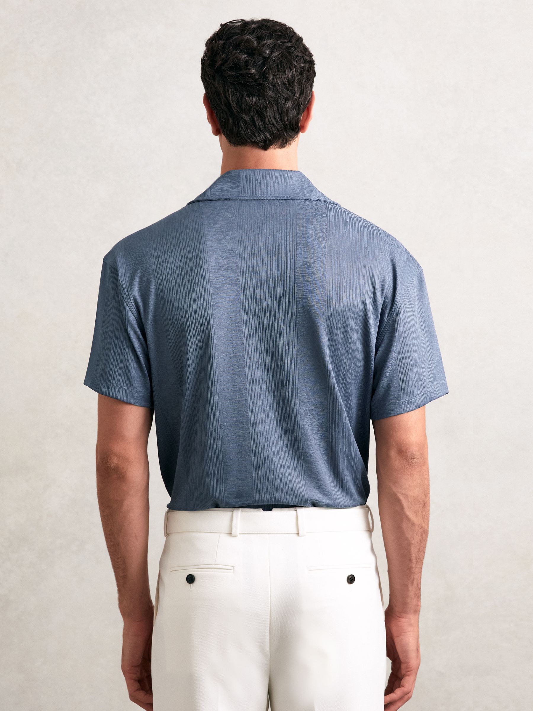 Jacquard-Stripe Cuban-Collar Shirt in Airforce Blue