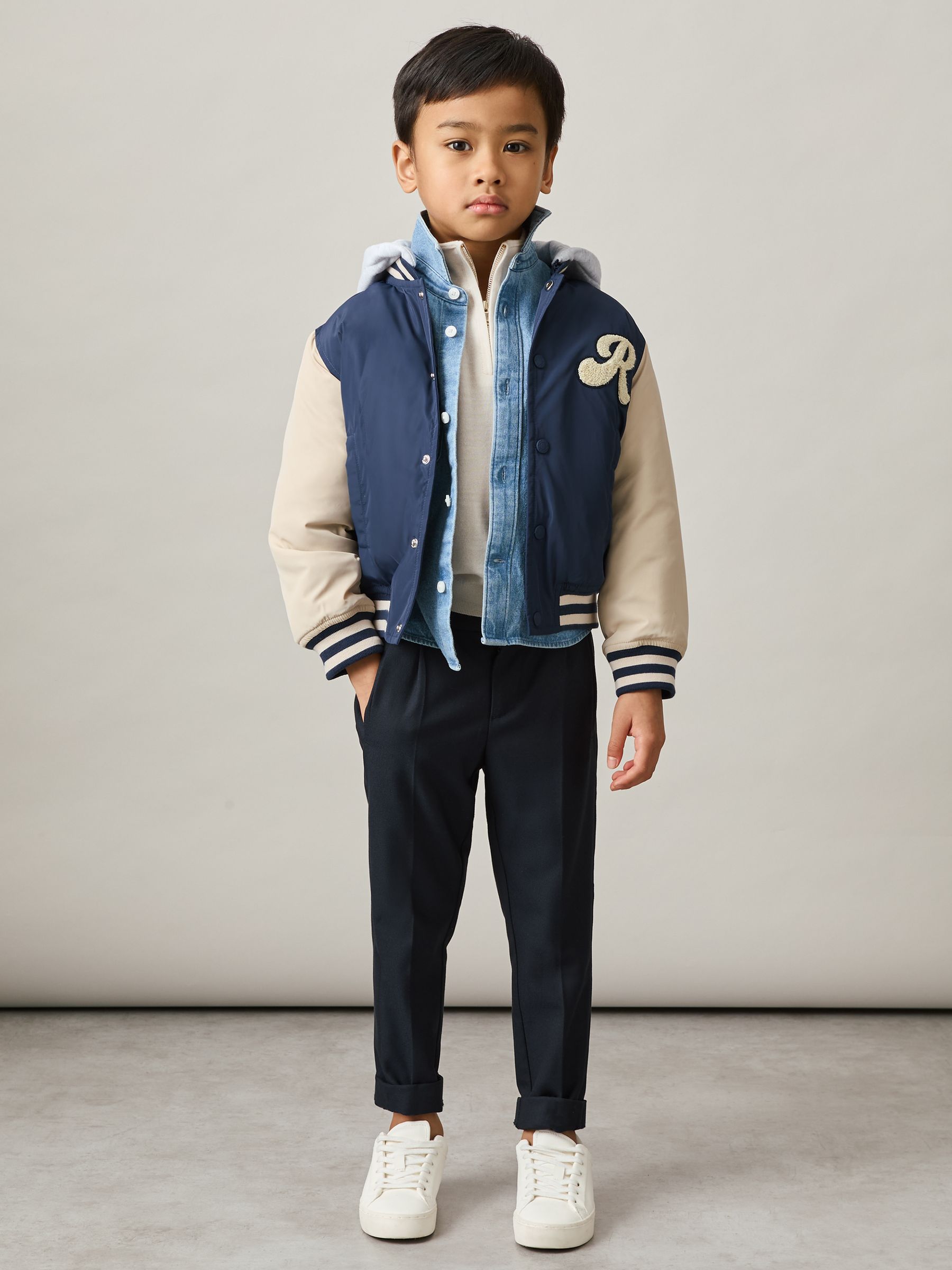 13-14 yrs Logo Patch Hooded Varsity Jacket in Airforce Blue/Off White